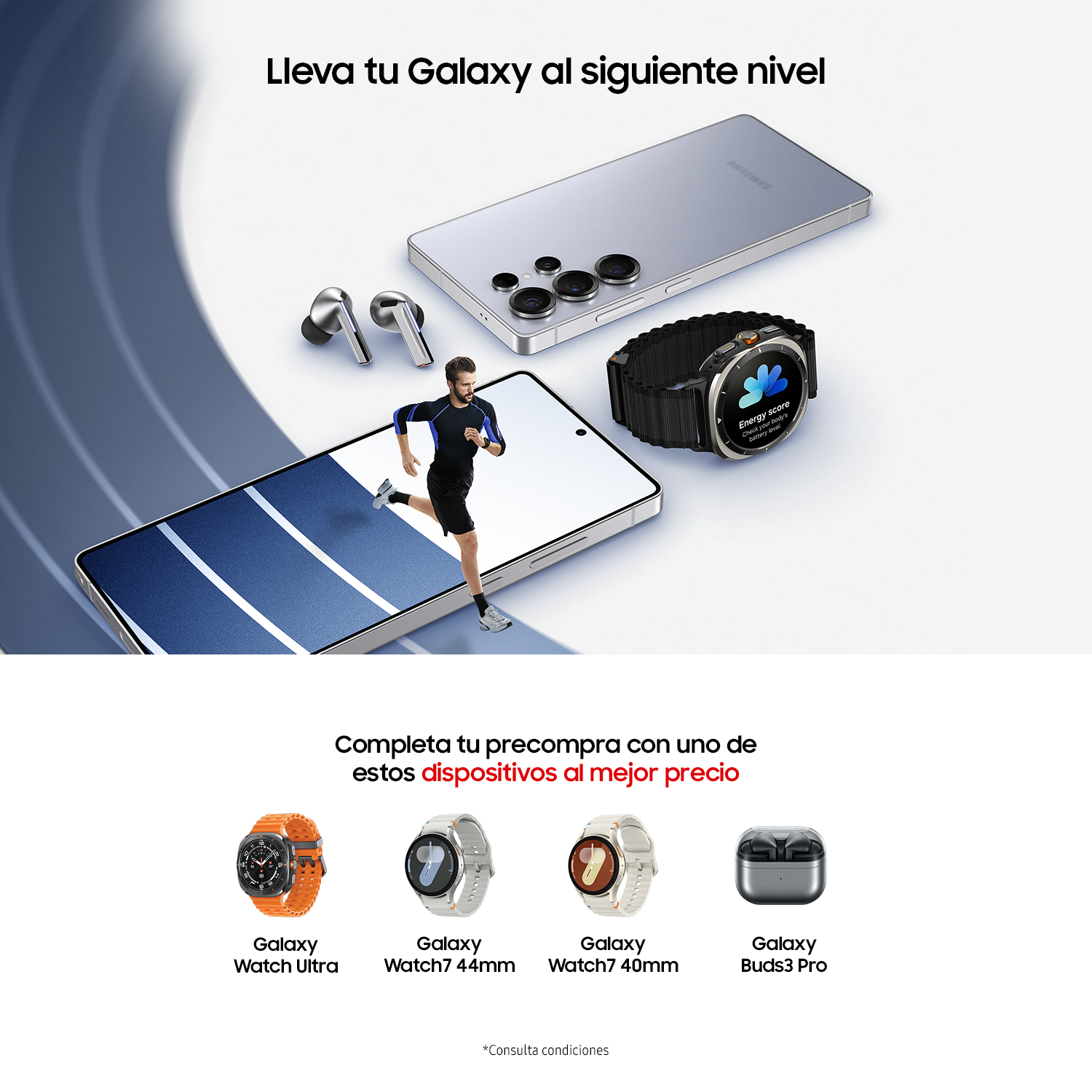 Imagen con múltiples dispositivos, incluyendo auriculares, un reloj y un smartphone. Texto en español.