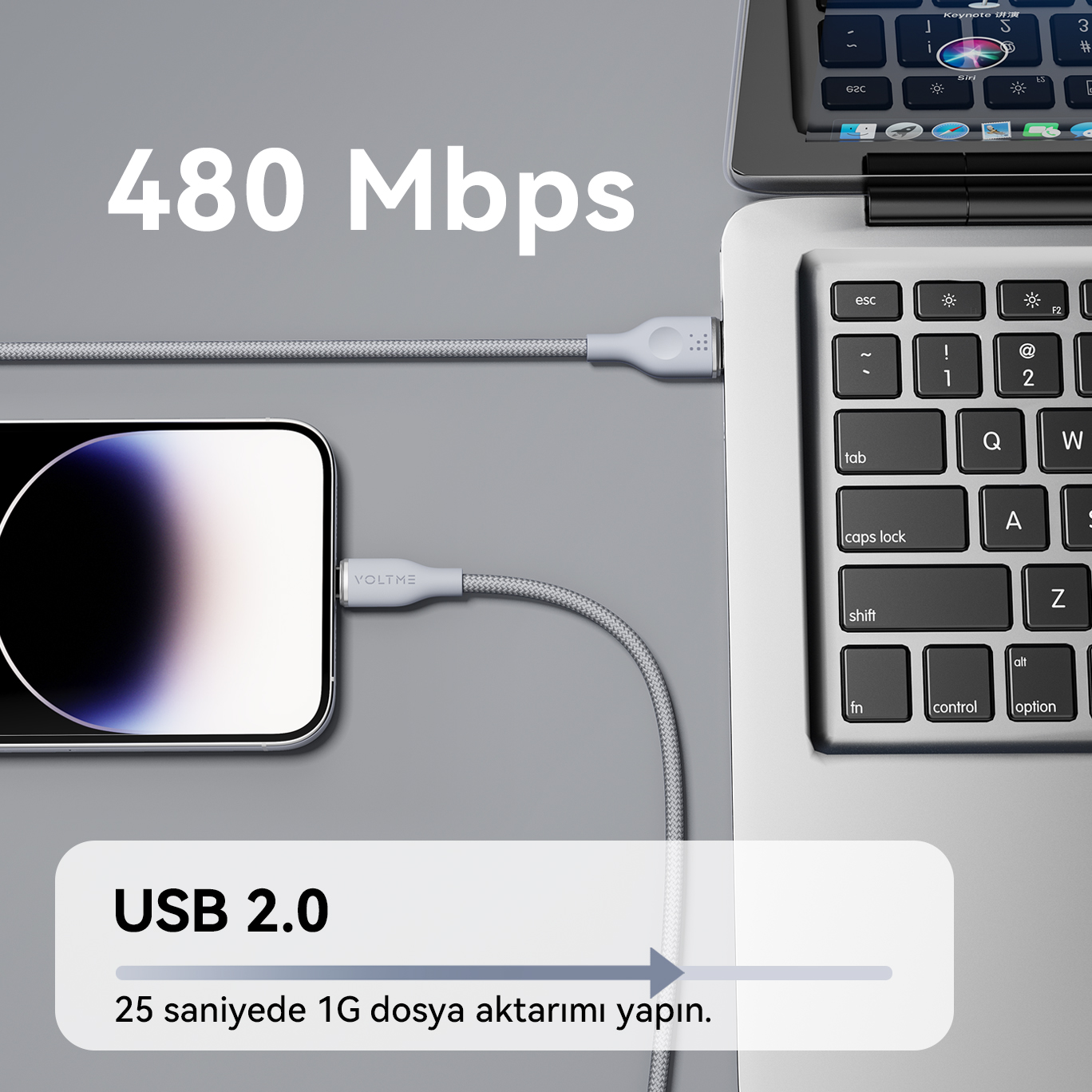 '480 Mbps' kelimeleriyle bir telefona ve bir dizüstü bilgisayara bağlı bir USB 2.0 kablosu.