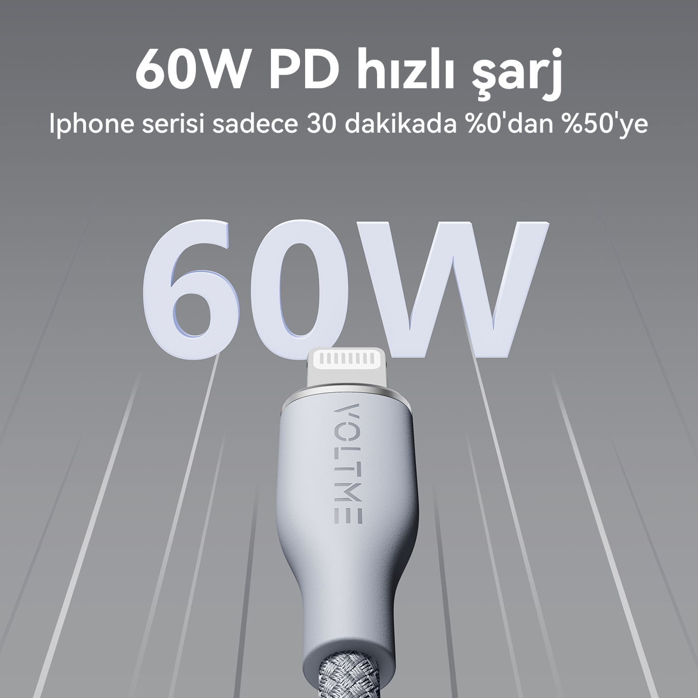 VOLTME yazılı beyaz bir USB-C şarj cihazı ve 60W şarj hakkında metin.
