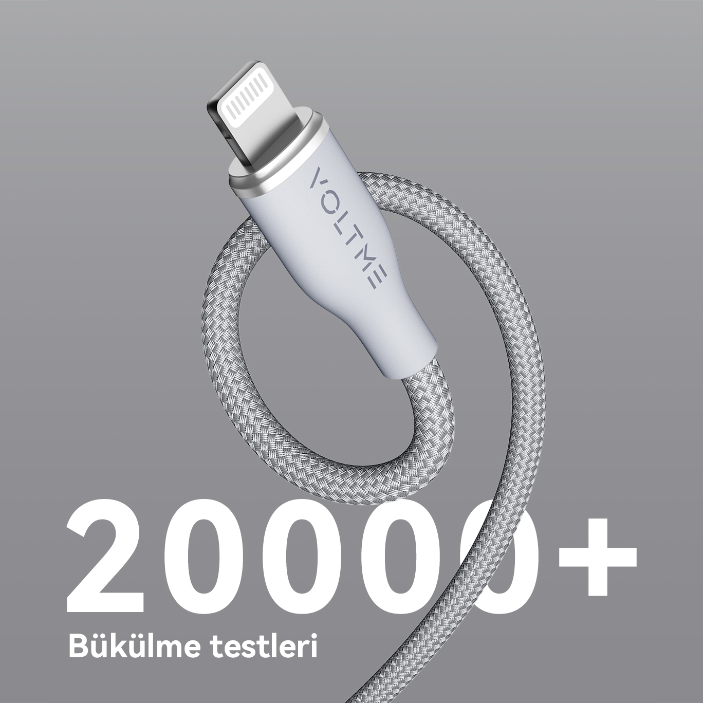 Gümüş konektörlü beyaz Volte kablosu. '20000+' ve 'Bükülme testleri' metni aşağıdadır.