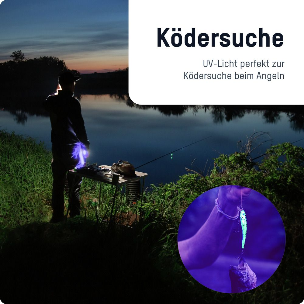Nachts Szene mit einer Person, die mit UV-Licht angelt. Ein leuchtender Köder wird im Kreis gezeigt.