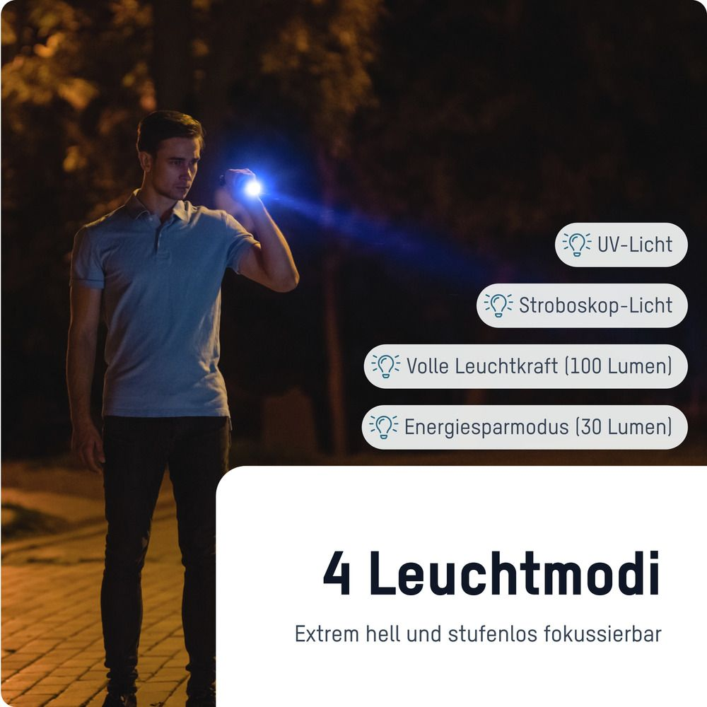 Mann hält nachts eine Taschenlampe. Textfeld zeigt UV-Licht, Stroboskoplicht, volle Leistung und Energiesparen.