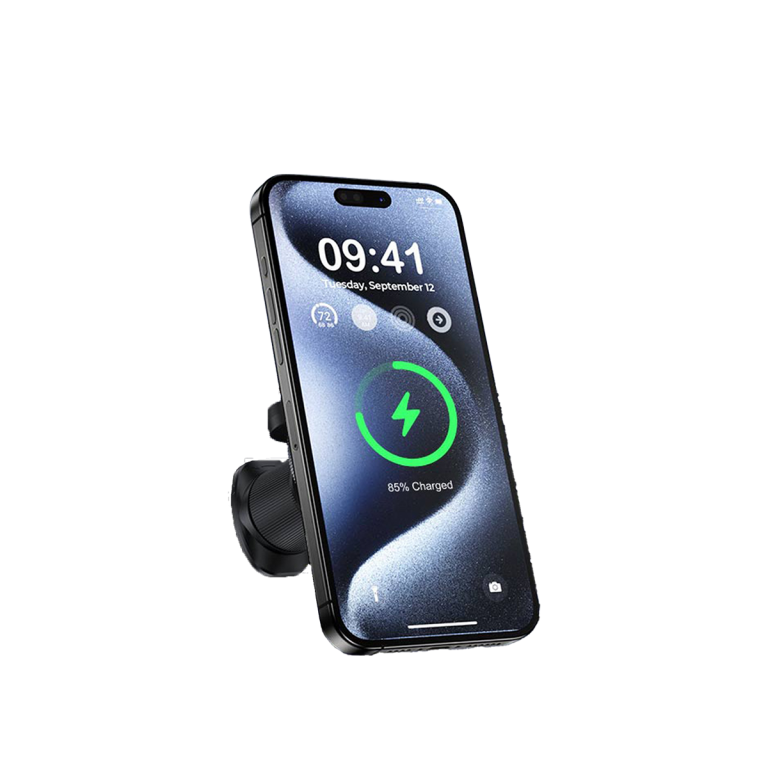 Siyah bir arka plan üzerinde şarj ekranı gösteren siyah telefon.
