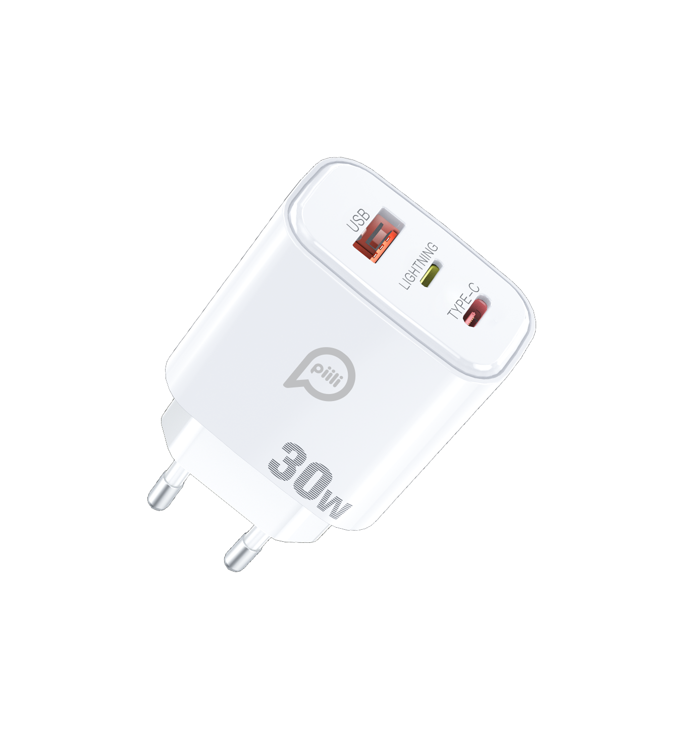 USB, Lightning ve Type-C bağlantı noktalarına sahip beyaz şarj cihazı, 30W yazısı. Açılı görünüm, siyah arka plan.