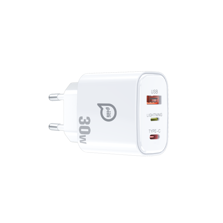 İki bağlantı noktalı beyaz şarj adaptörü: USB ve Type-C. Yan tarafta '30W' yazıyor.