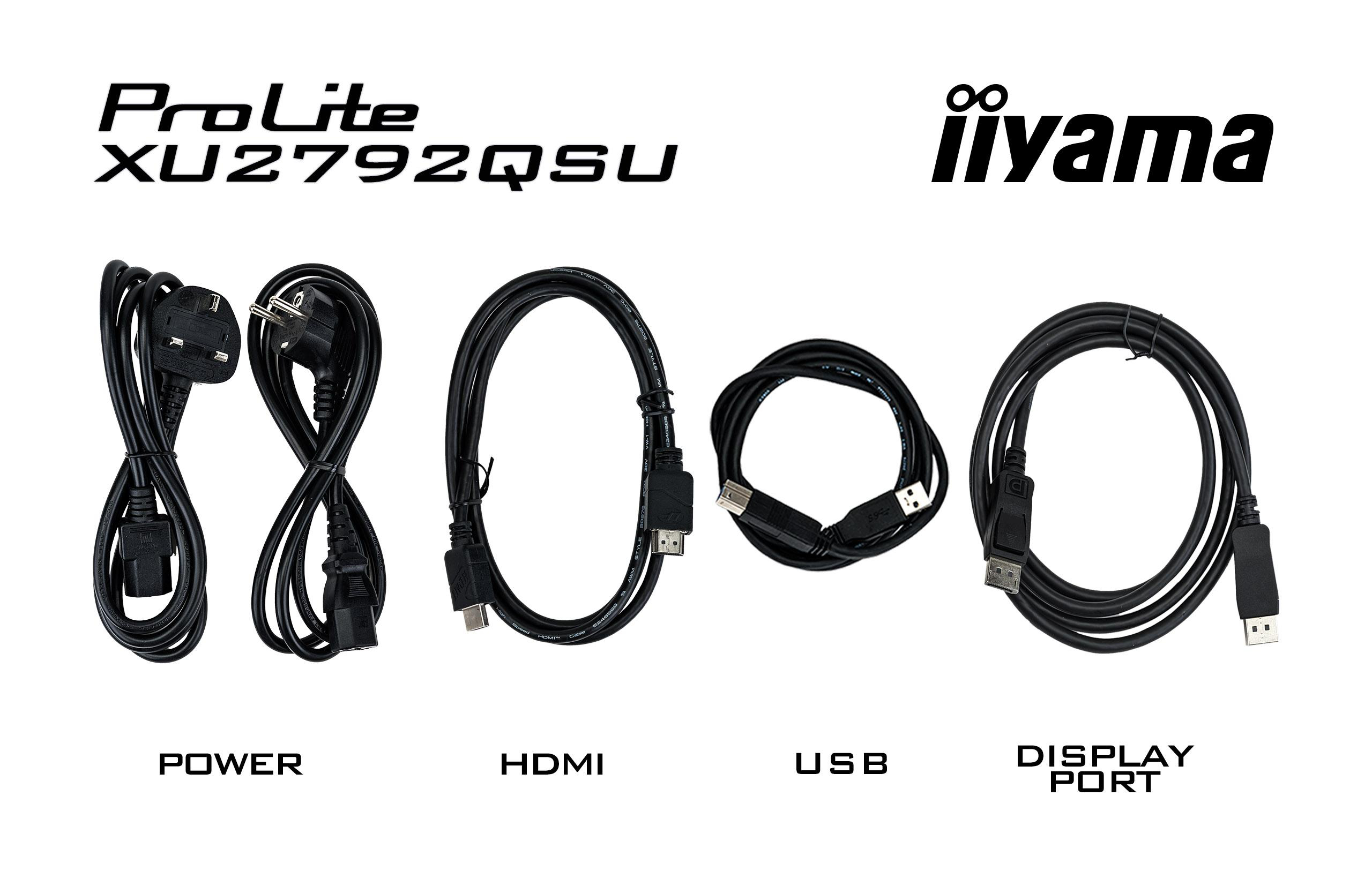 Kabel: Strom, HDMI, USB und DisplayPort. Die Marke ProLite XU2792QSU ist sichtbar.