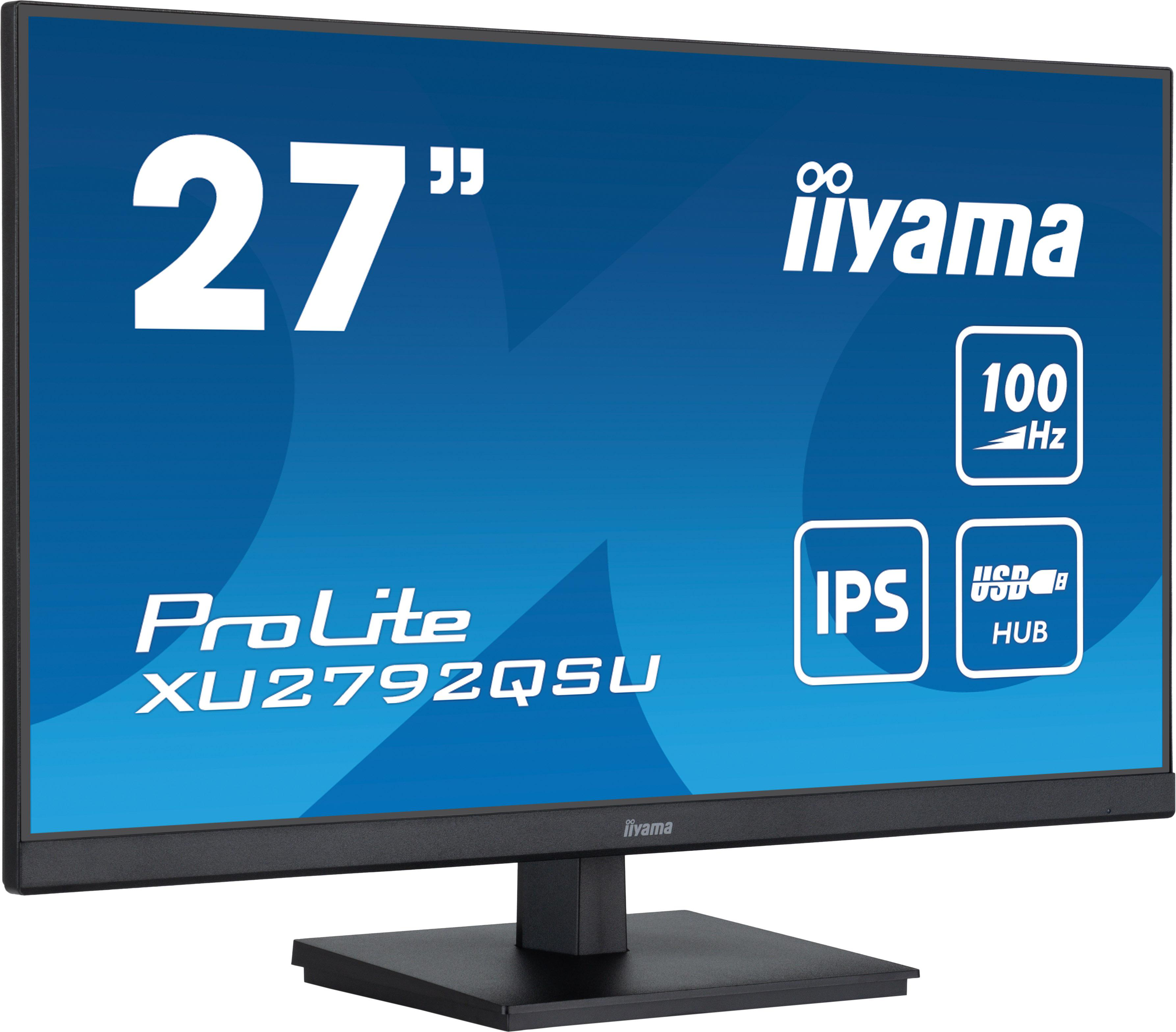 Ein Monitor mit '27", Marke iiyama und anderen Details auf dem Bildschirm, schwarzer Fuß, blauer Hintergrund.