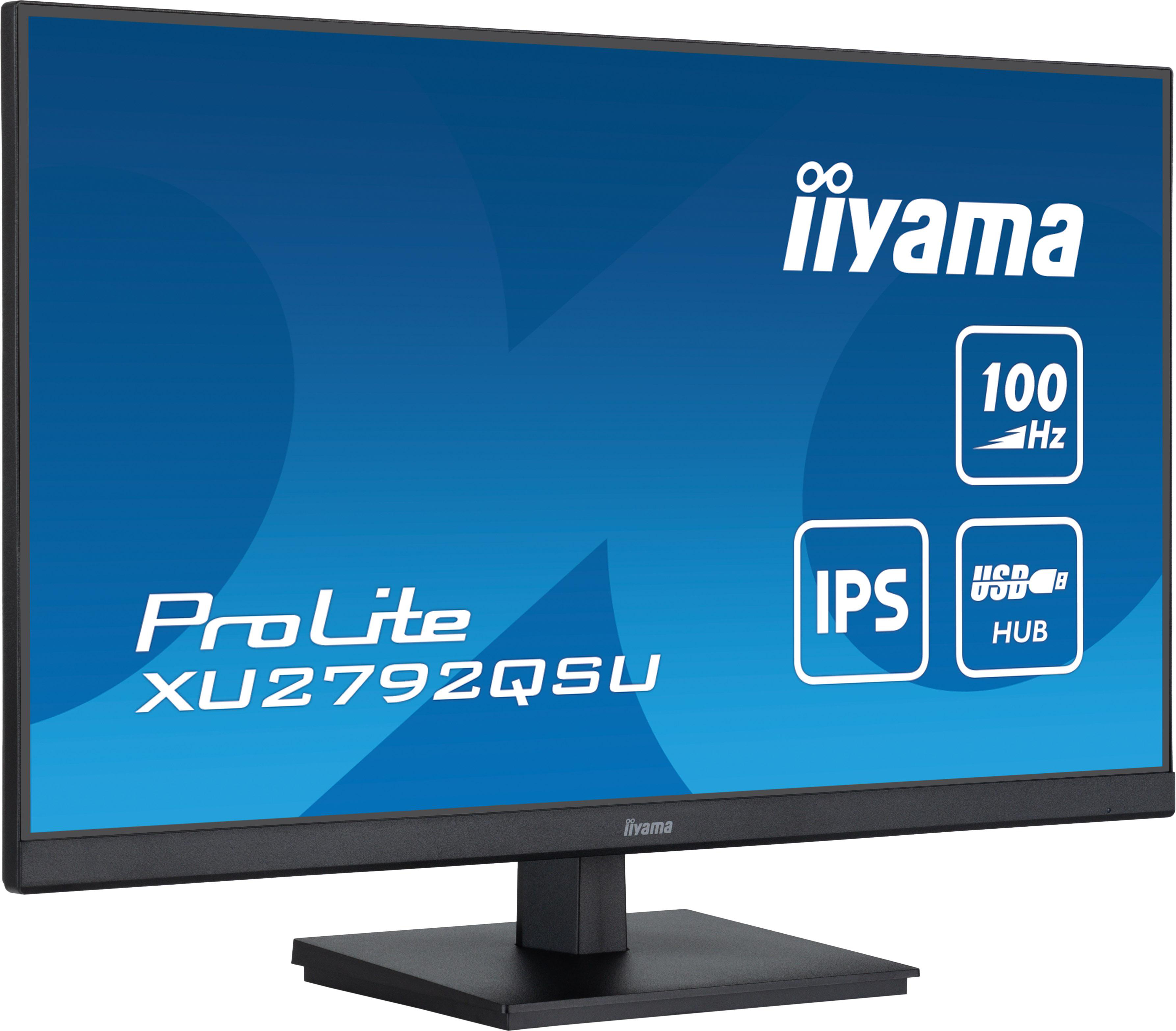 Die Vorderseite eines iiyama ProLite XU2792QSU-Monitors, die das Logo, die Funktionen und die Spezifikationen anzeigt.