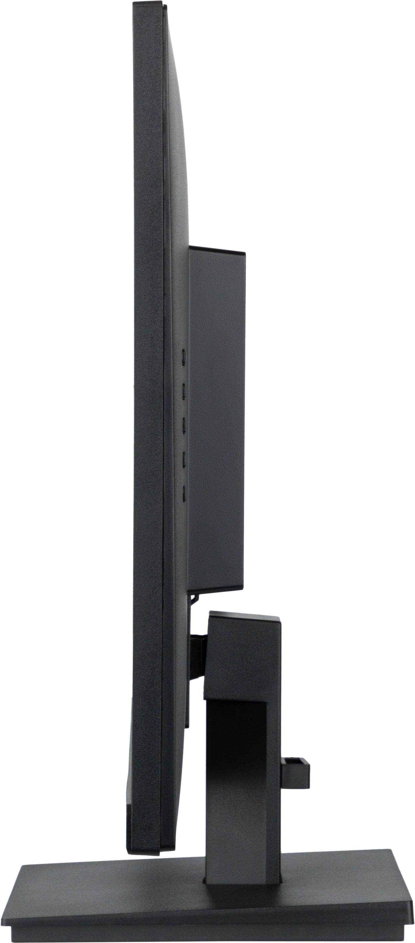 Seitenansicht eines schwarzen Computermonitors mit schwarzem Ständer auf weißem Hintergrund.