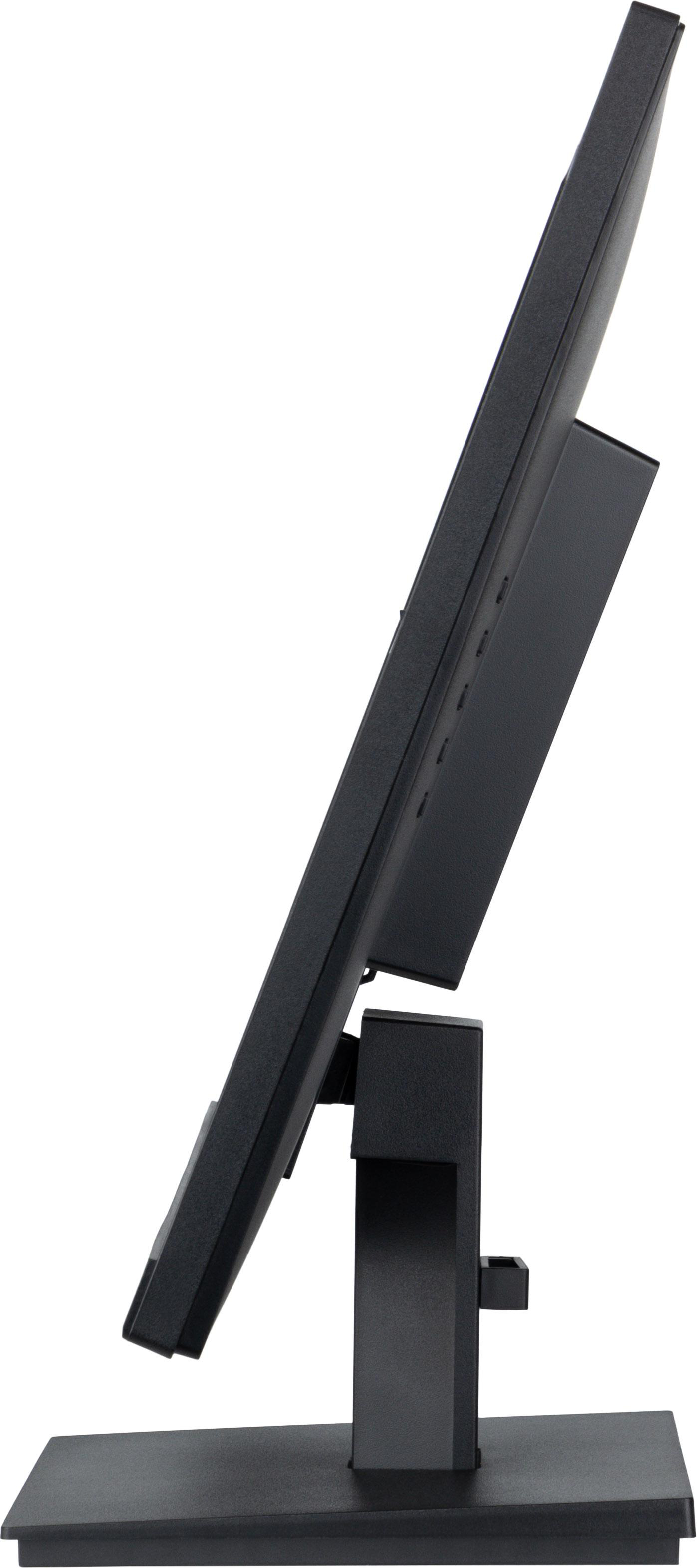 Ein schwarzer Computermonitor in einem Winkel mit einem schwarzen Ständer auf weißem Hintergrund.
