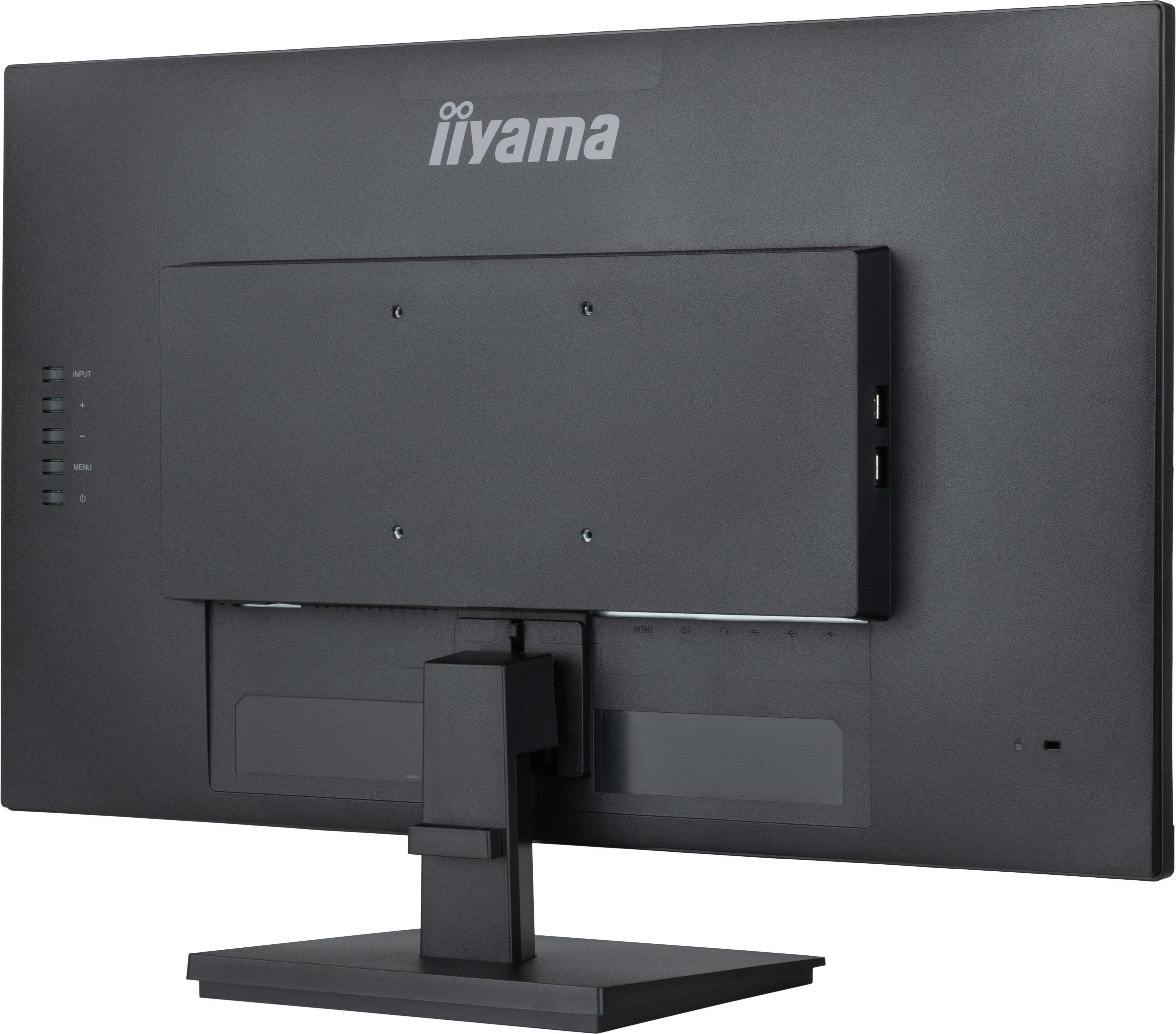 Die Rückseite eines schwarzen Computermonitors mit der Marke 'iiyama' und Anschlüssen.