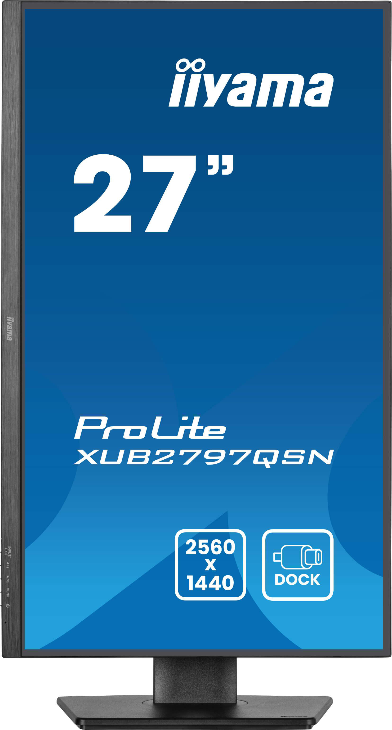 27-Zoll iiyama Monitor, schwarzer Rahmen, blauer Bildschirm, mit Produktdetails.