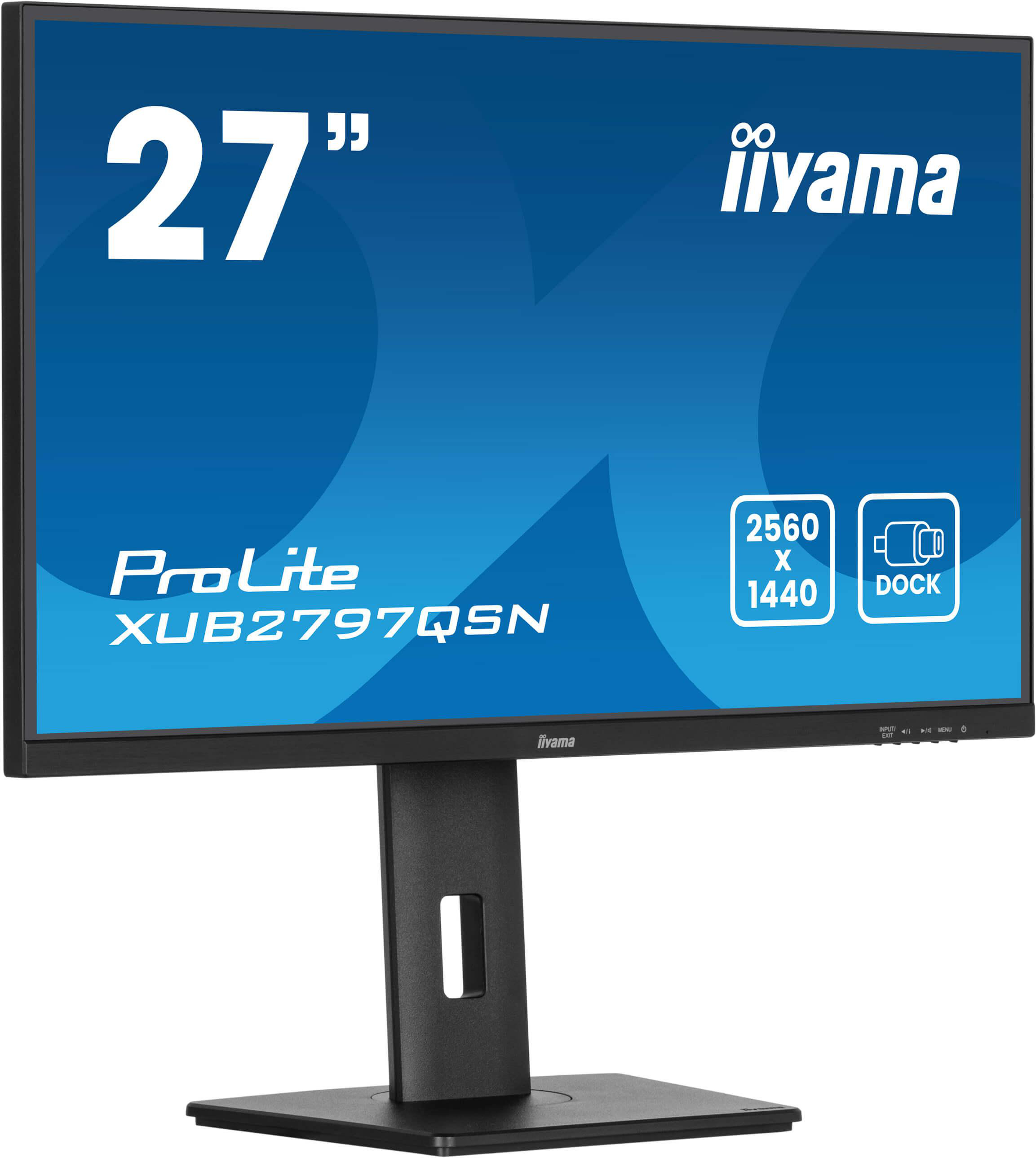 27-Zoll-Computermonitor, schwarzer Rahmen und Ständer. Text auf blauem Hintergrund.