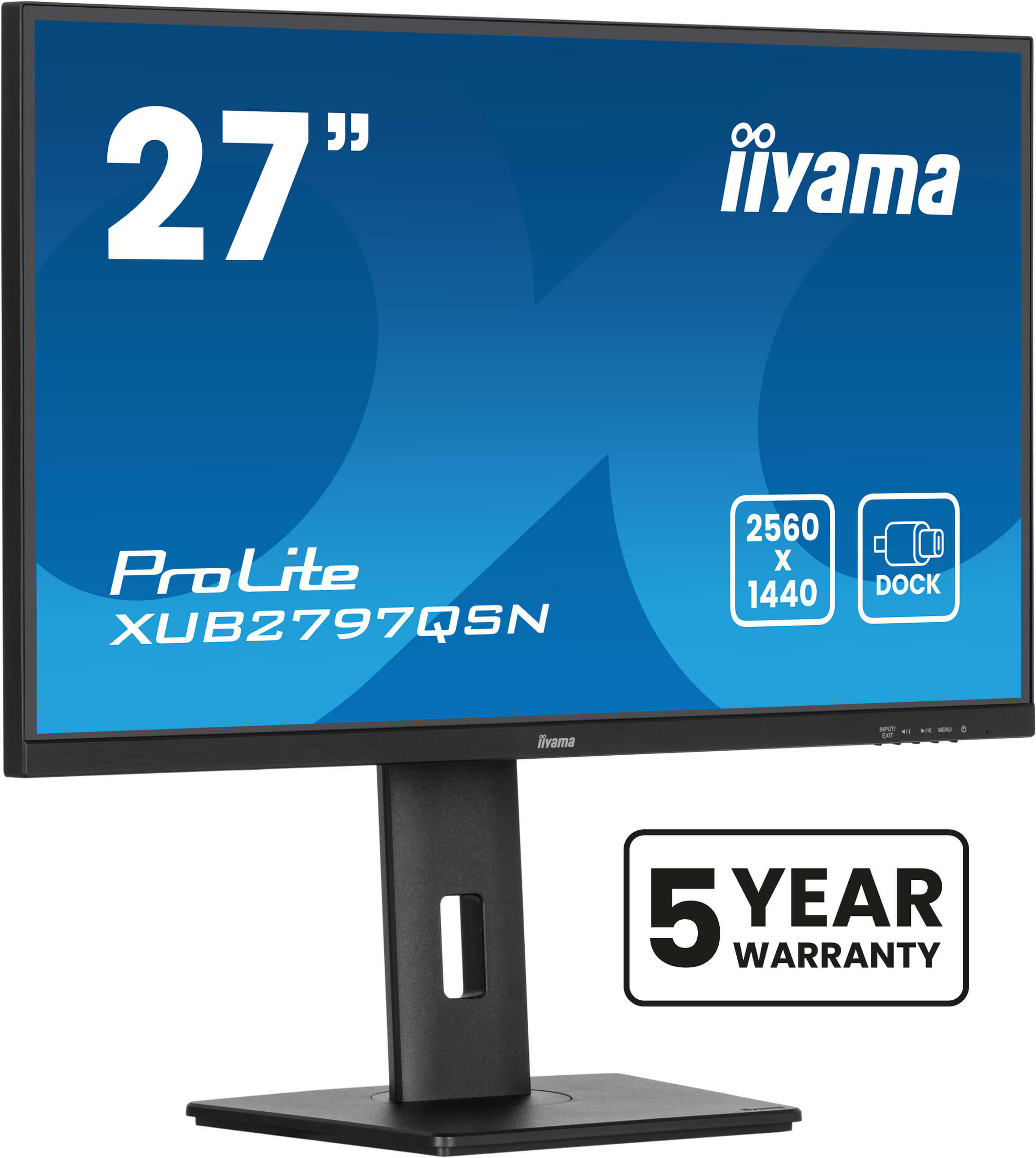 27" Monitor mit Text und 5-Jahres-Garantie-Aufkleber.