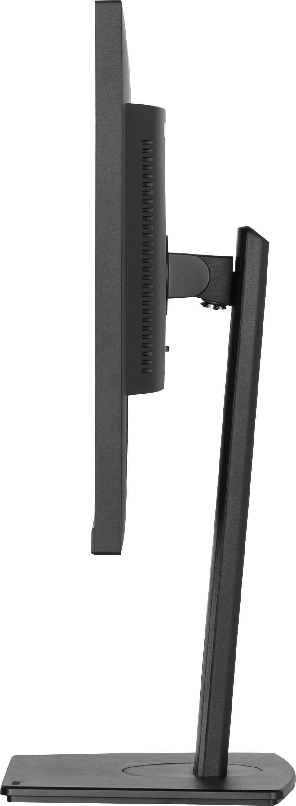 Schwarzer Computermonitor von der Seite. Der Monitor steht auf einem Ständer. Die Seite ist glatt und schwarz.