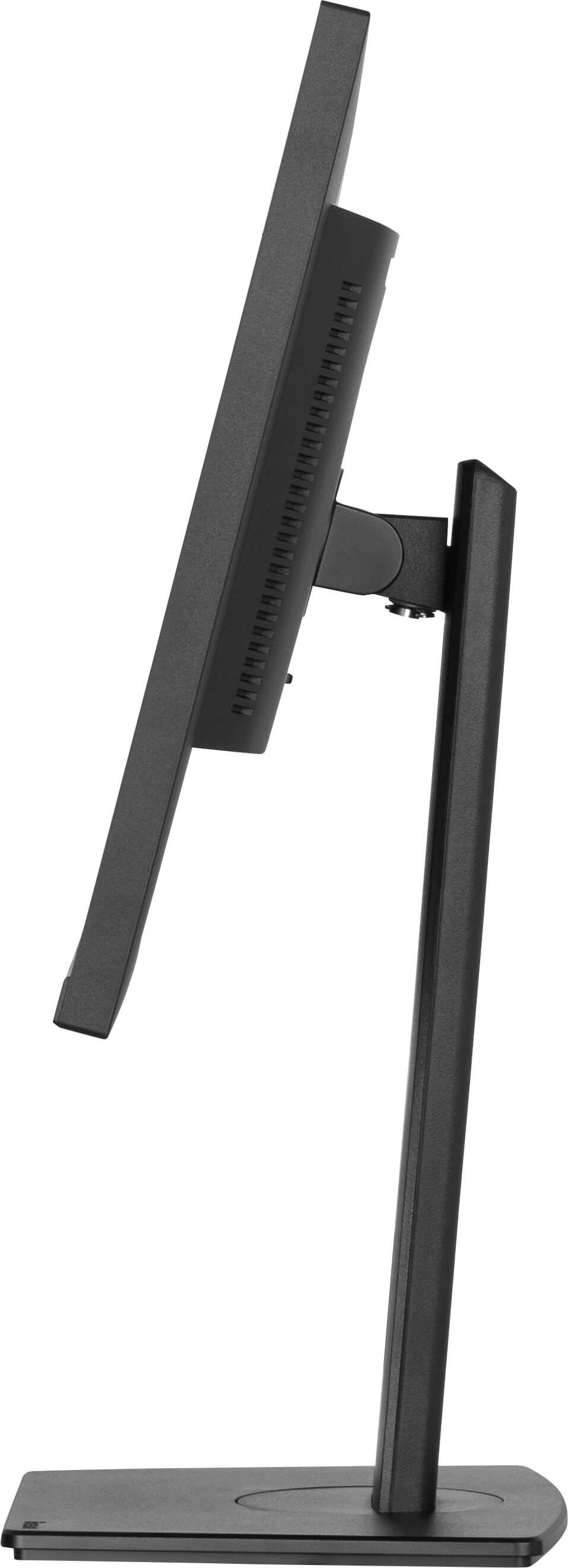 Ein schwarzer Computermonitor. Seitenansicht, die den Bildschirm und den Ständer zeigt.
