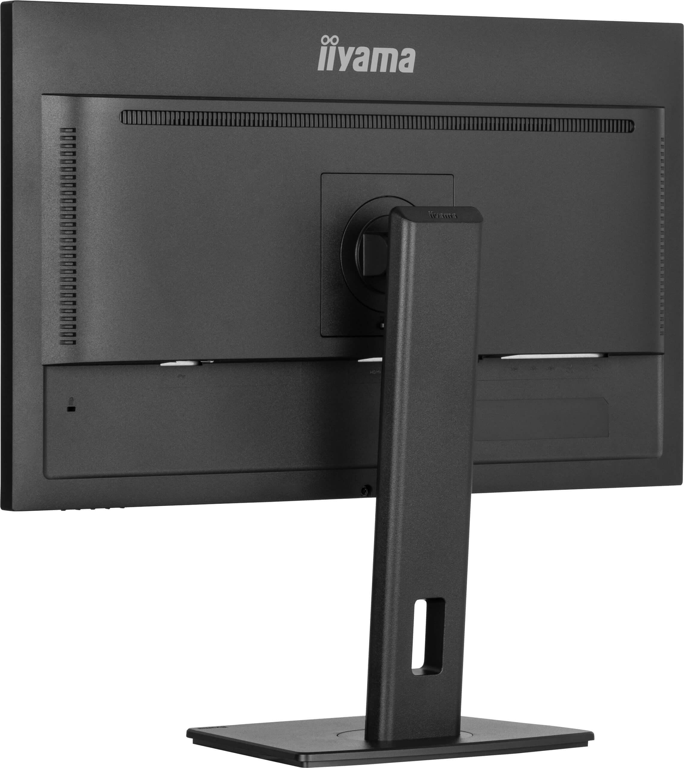 Die Rückseite eines schwarzen Computermonitors mit dem Iiyama-Markenlogo und einem Ständer.