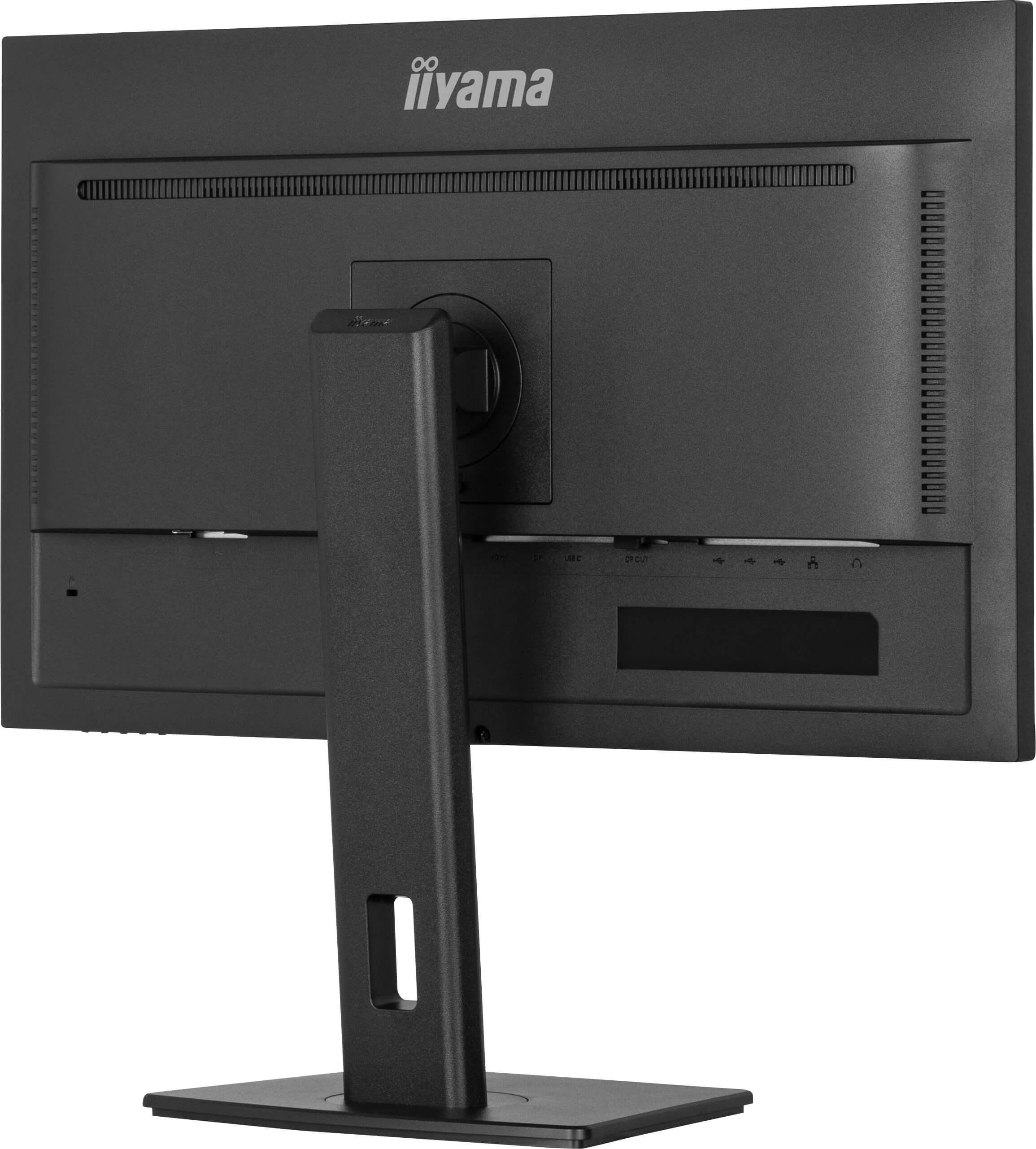 Rückansicht eines schwarzen Computermonitors. Die Marke „iiyama“ steht oben. Anschlüsse und Ständer sind sichtbar.