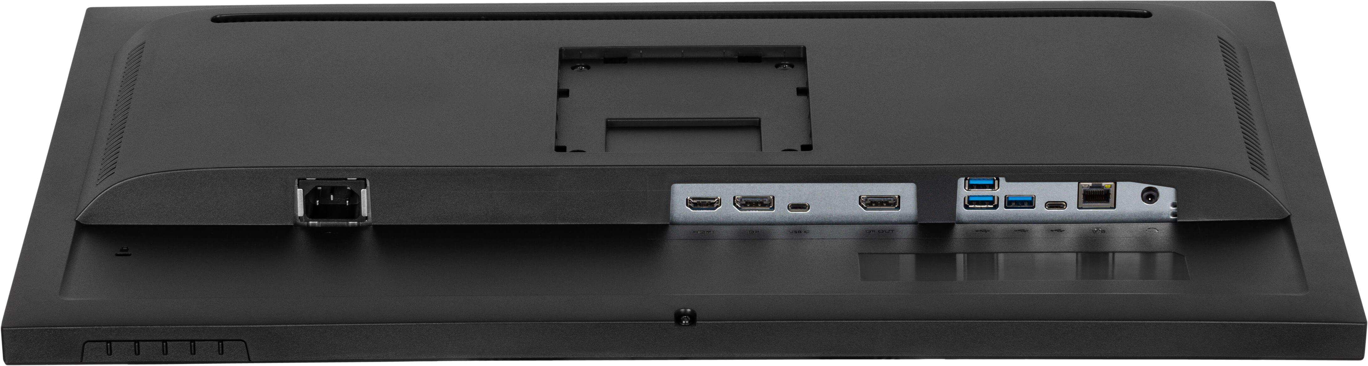 Rückansicht eines schwarzen Monitors mit Anschlüssen für Strom, HDMI, USB und Ethernet.