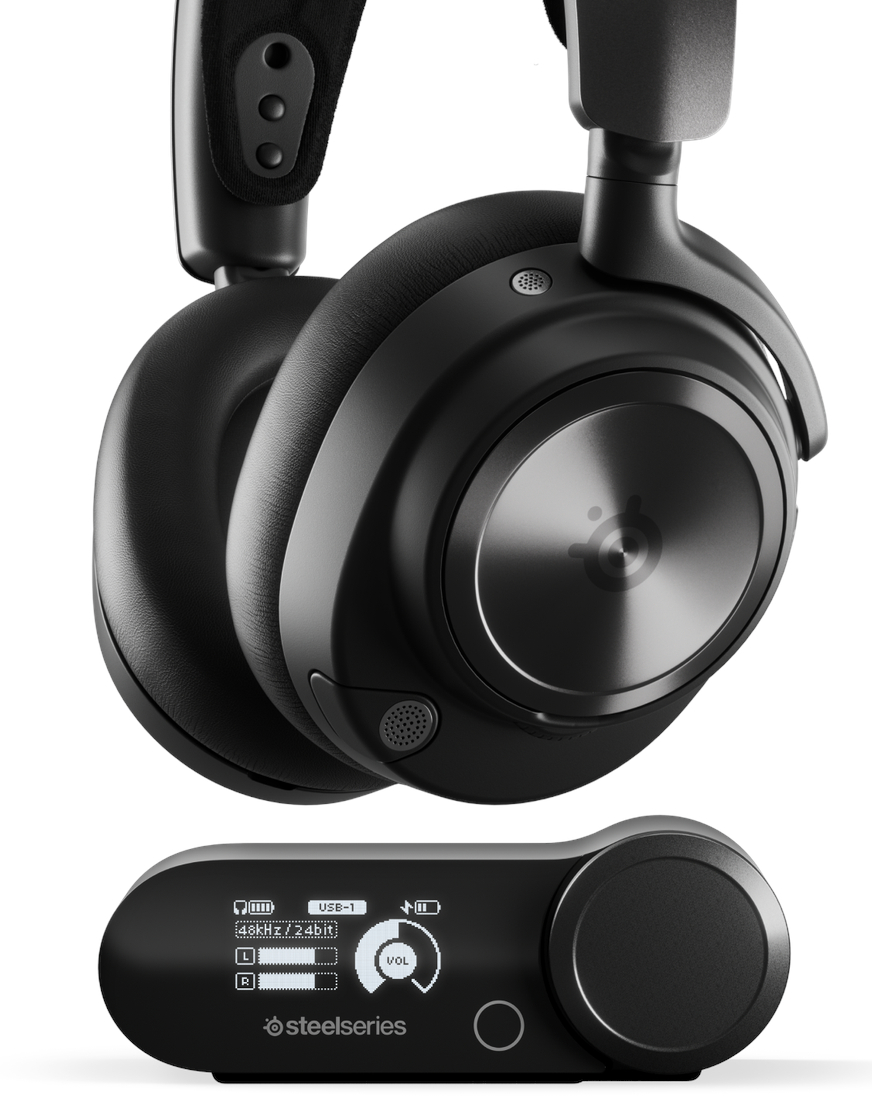 Czarne słuchawki dla graczy z bazą. Słuchawki mają duże nauszniki i pałąk na głowę.