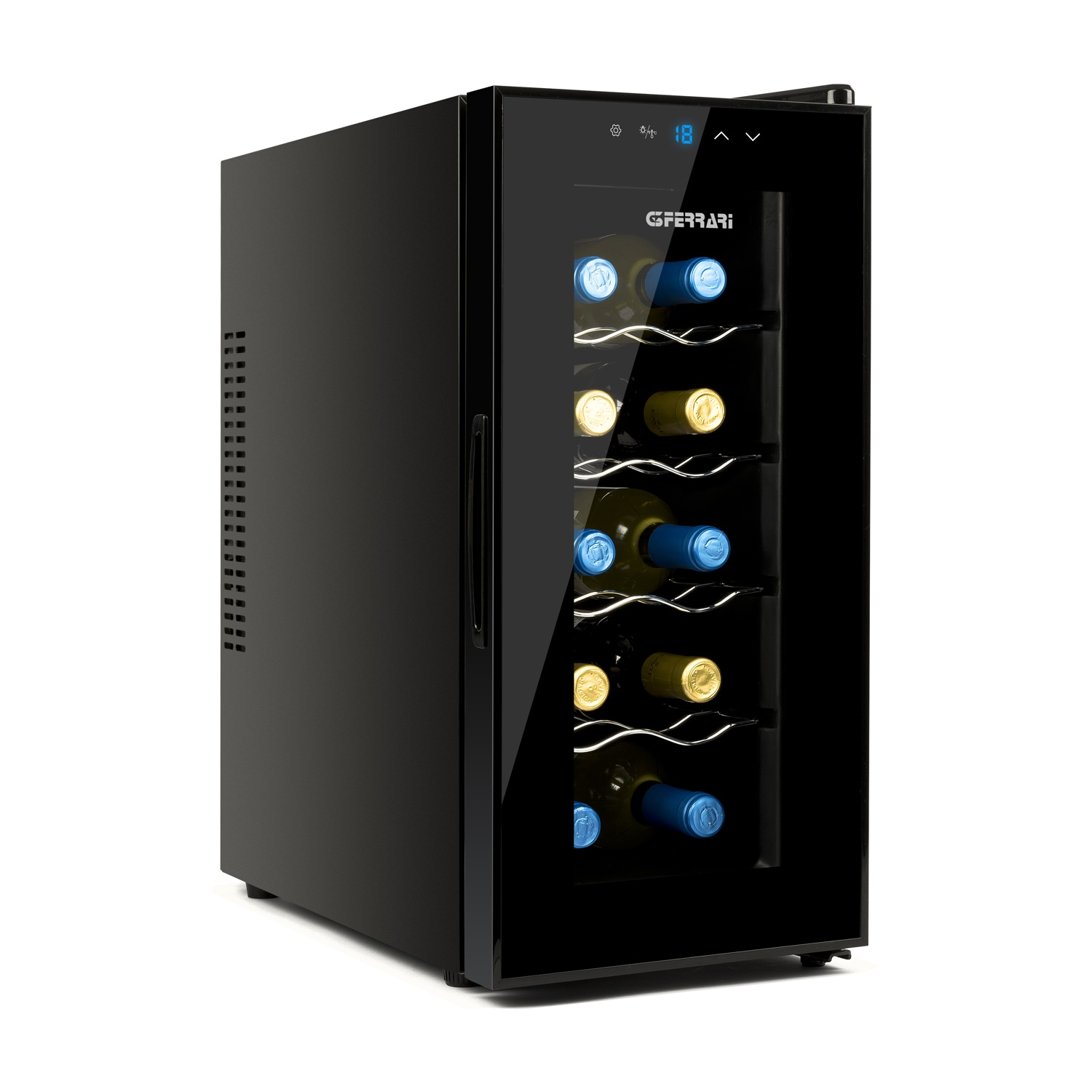 Cantinetta vino nera con porta a vetri. Ha ripiani e mostra bottiglie di vino all'interno. Un display digitale è visibile.