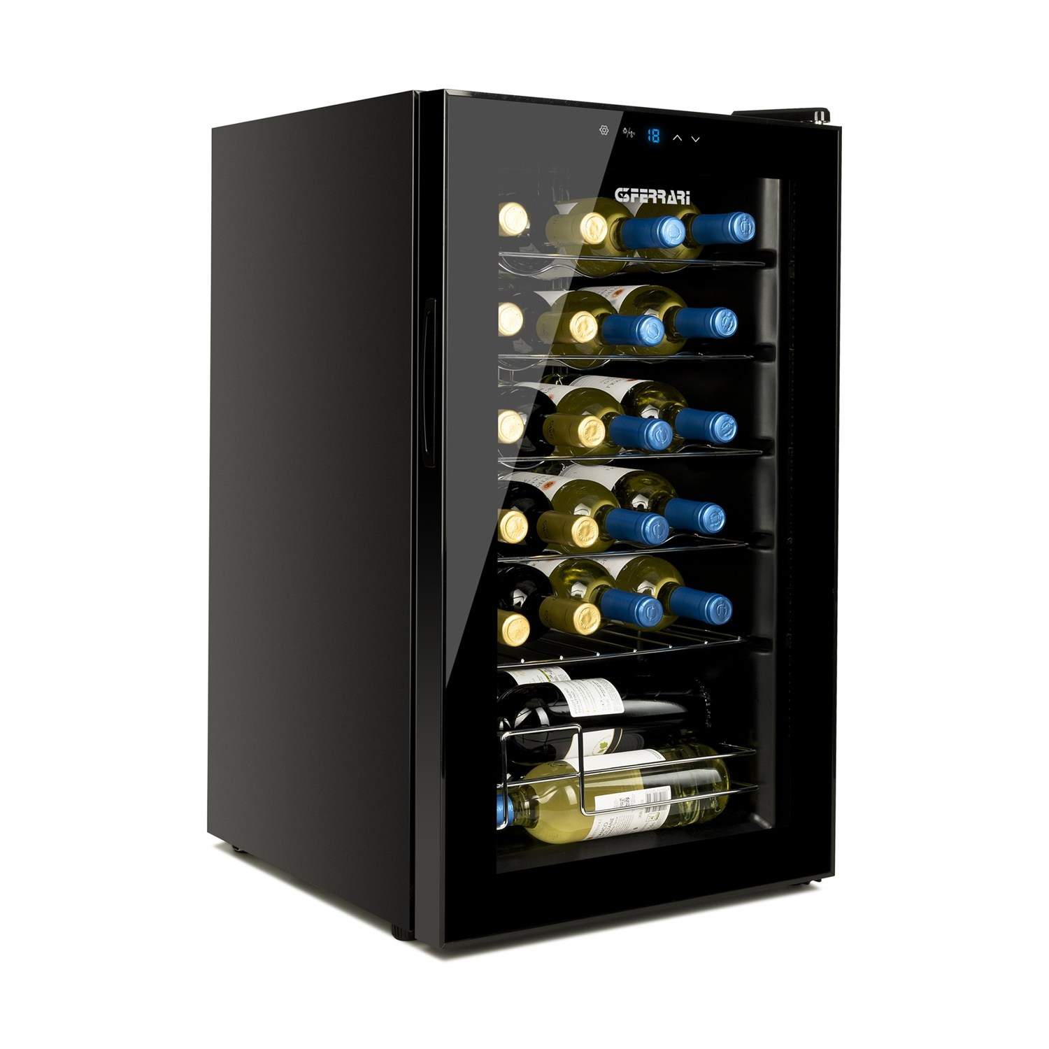 Cantinetta nera con porta a vetro. Bottiglie di vino all'interno. Display digitale nella parte superiore della porta.