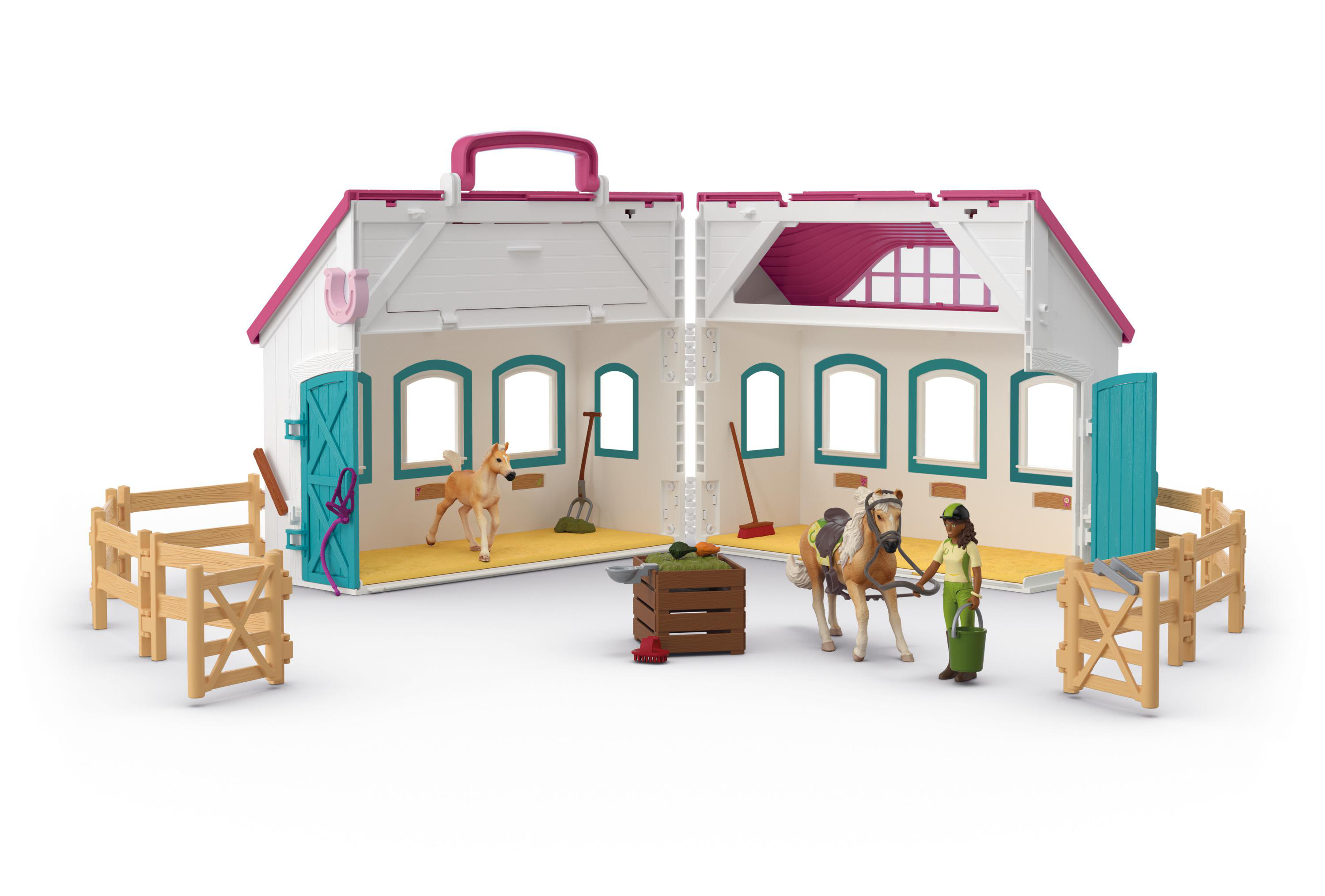 Ein Spielzeug-Pferdestall-Set mit Pferd, Fohlen und Figuren.