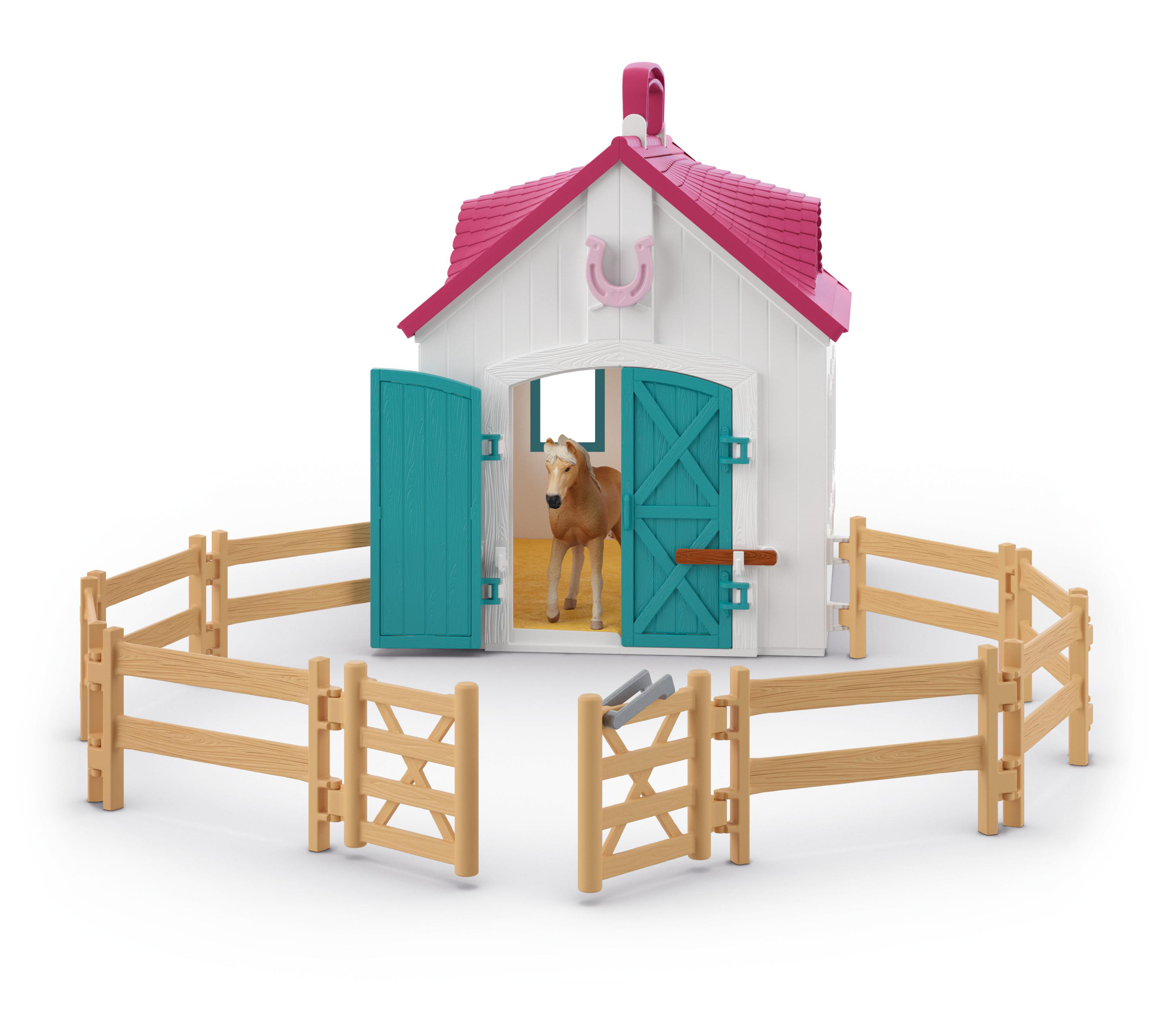 Spielzeugscheune mit Pferd, umgeben von einem Zaun. Rosa Dach und türkisfarbene Türen.