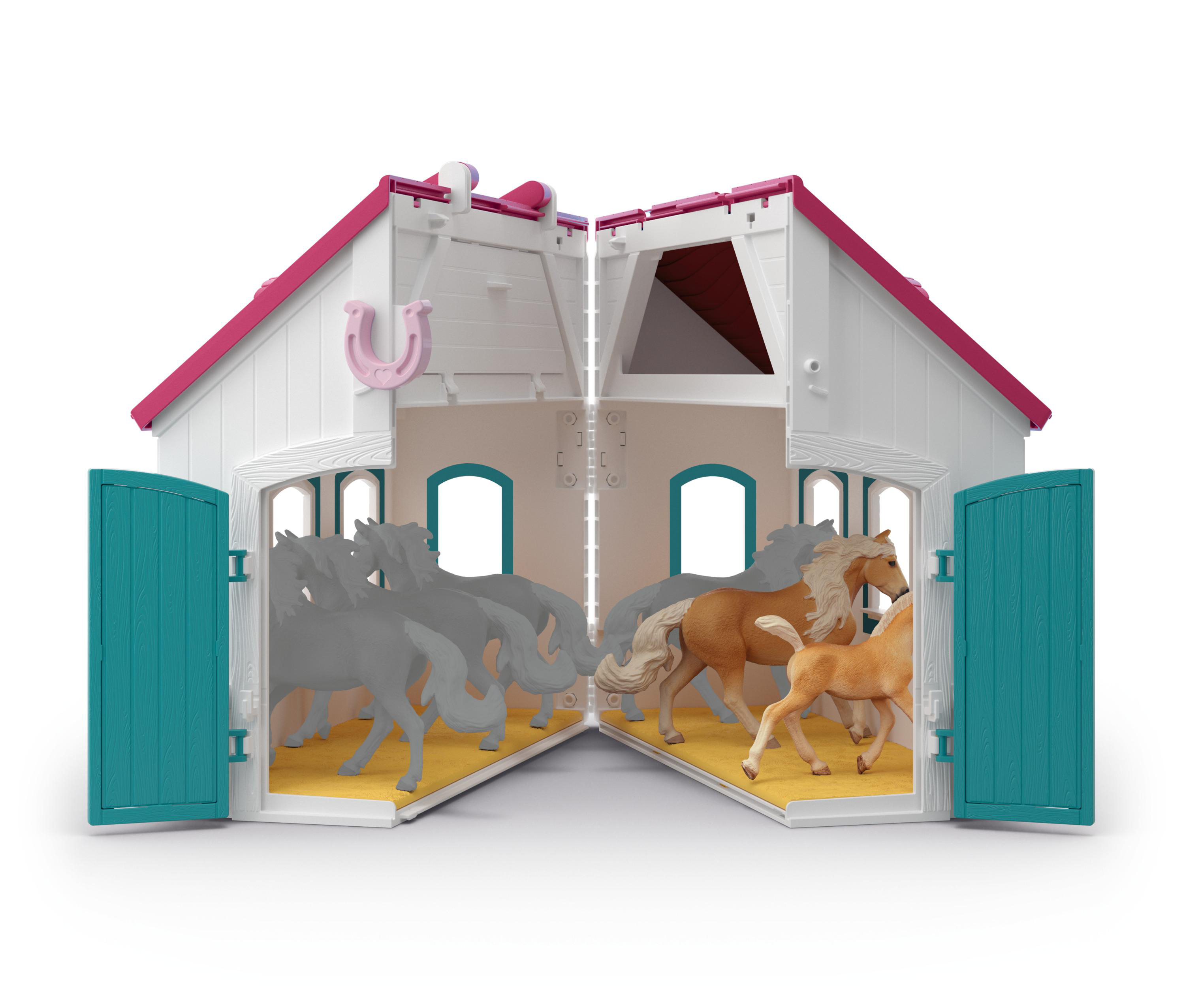 Spielzeugstall, geöffnet. Pferde drinnen. Rosa Dach und türkisfarbene Türen. Gelber Boden.