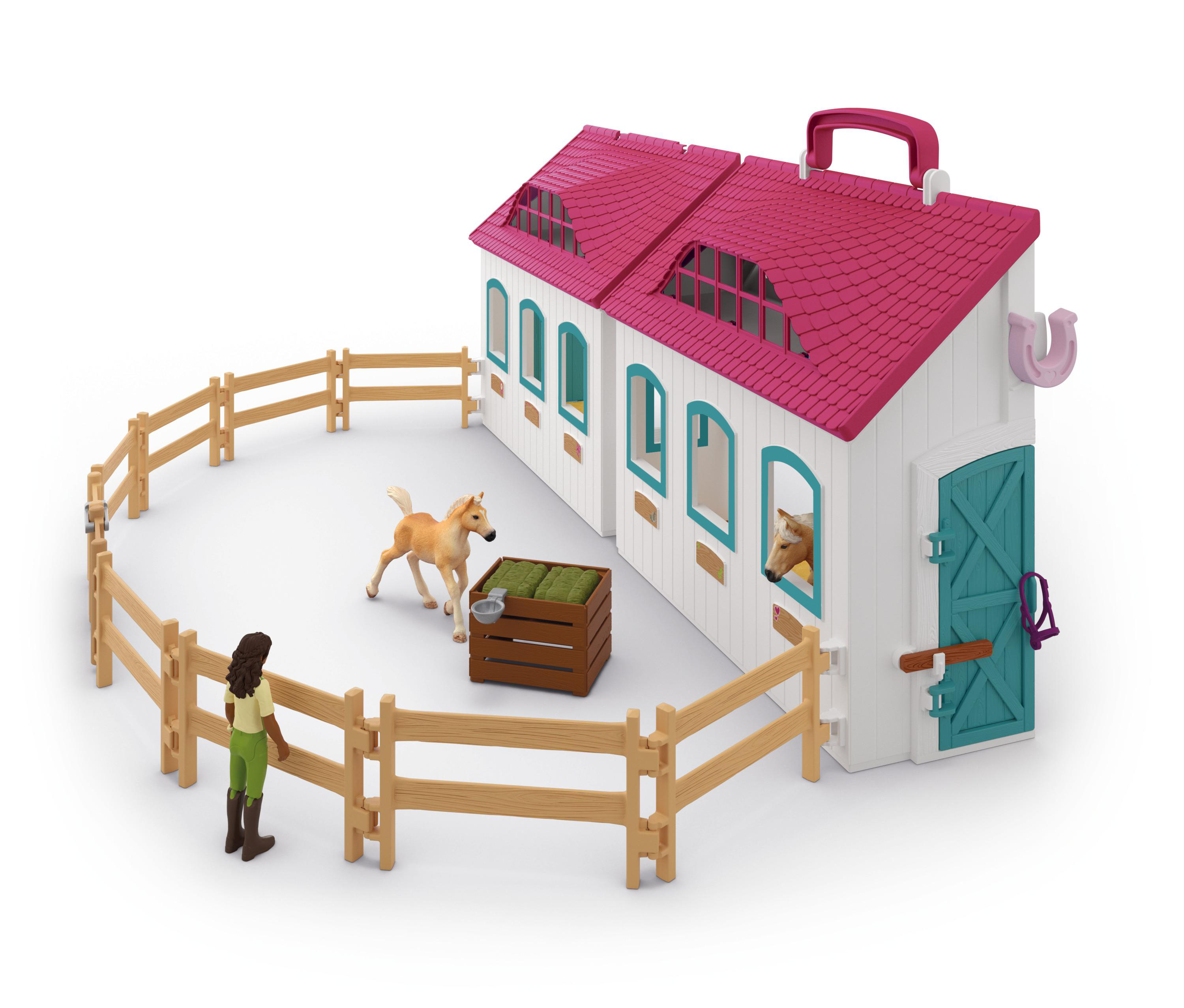 Ein Spielzeug-Pferdestall-Set mit Figuren und Pferden.