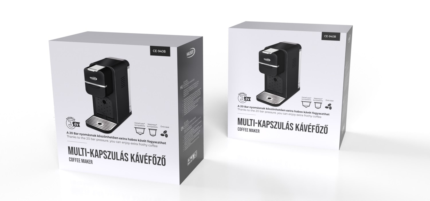 Két fehér doboz egy kávéfőzőből, elől egy fekete géppel és szöveggel.