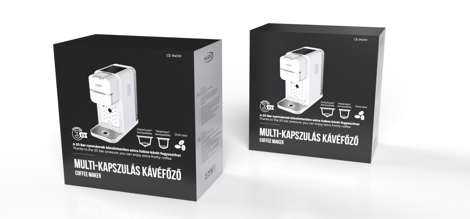 Két kávéfőző doboz. Szöveg és grafika a dobozokon. Fehér és fekete kávéfőző.