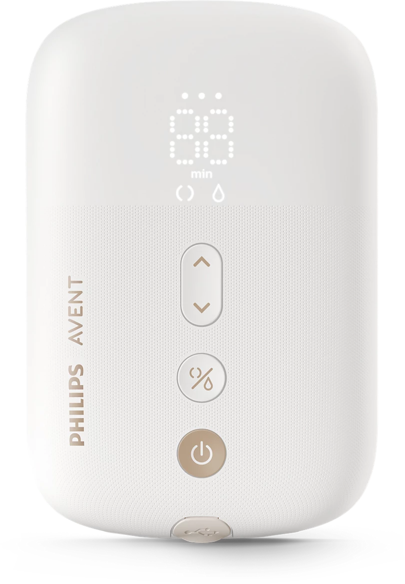 Fehér készülék digitális kijelzővel, számokkal és gombokkal. Philips Avent márka látható.
