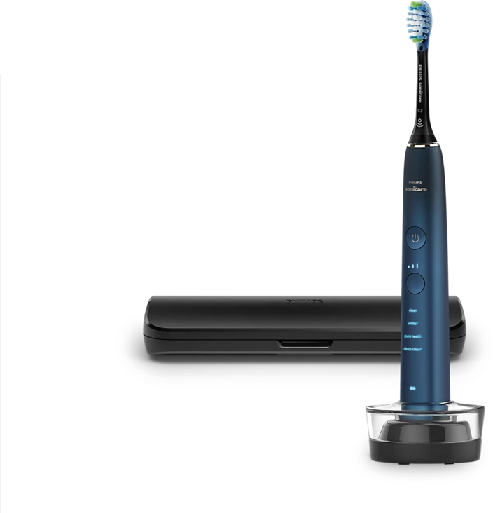 Kék Philips Sonicare fogkefe töltőalappal és utazótokkal. Tisztítás, fehér, íny egészség beállítások.