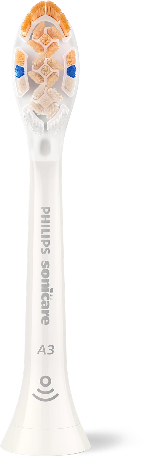 Közelkép a Philips Sonicare A3 fogkefe fejéről, fehér, színes sörtékkel.