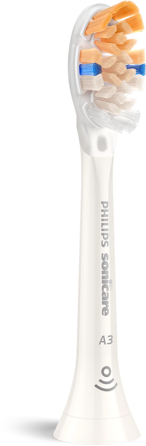 Egy fehér Philips Sonicare fogkefefej narancssárga és kék sörtékkel. A márka és a modell látható.