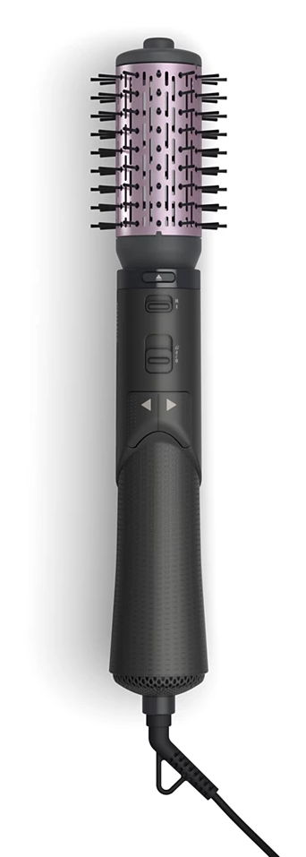 Fekete-rózsaszín hajformázó kerek kefe fejjel és tápkábellel.