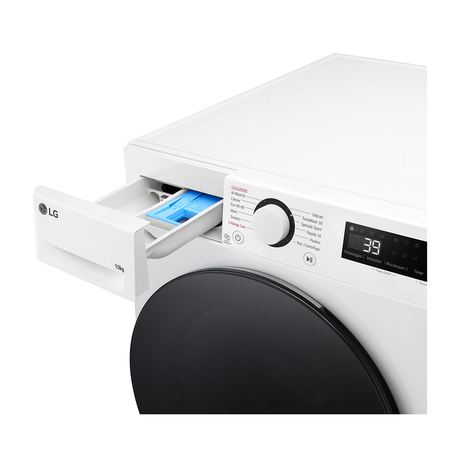 Lavatrice bianca con cassetto detersivo aperto, display digitale e porta nera.