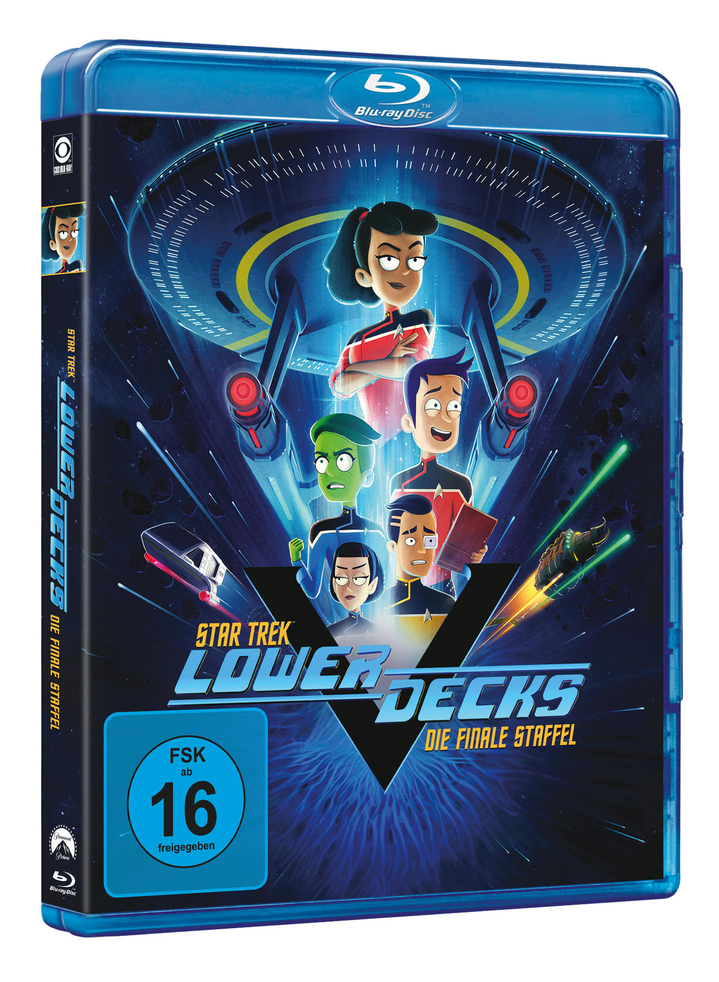 Blu-ray-Disc-Hülle für die Zeichentrickserie Star Trek: Lower Decks mit Charakteren.