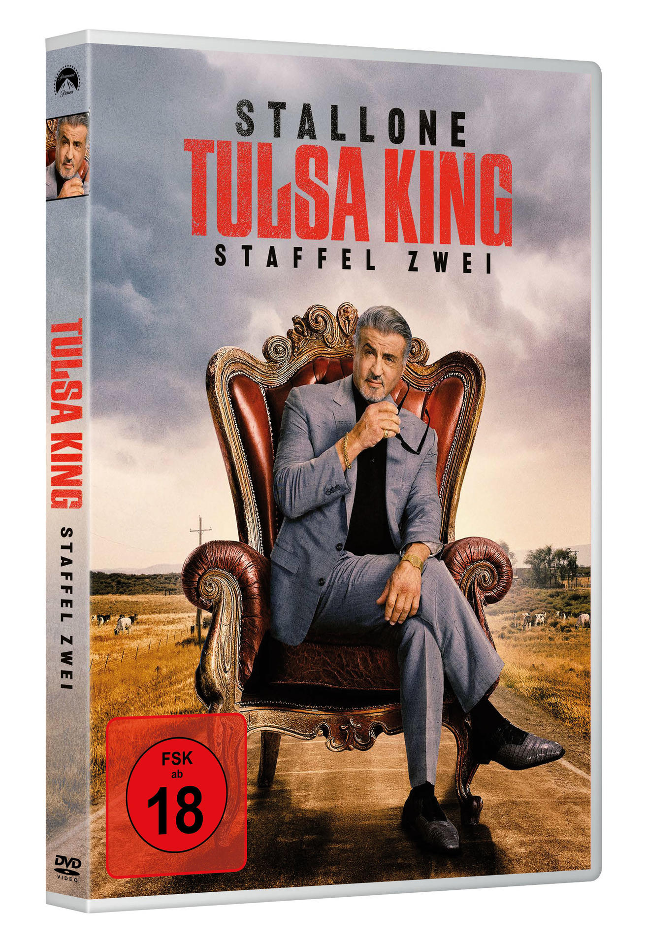 DVD-Cover für Tulsa King mit Sylvester Stallone auf einem Stuhl sitzend.