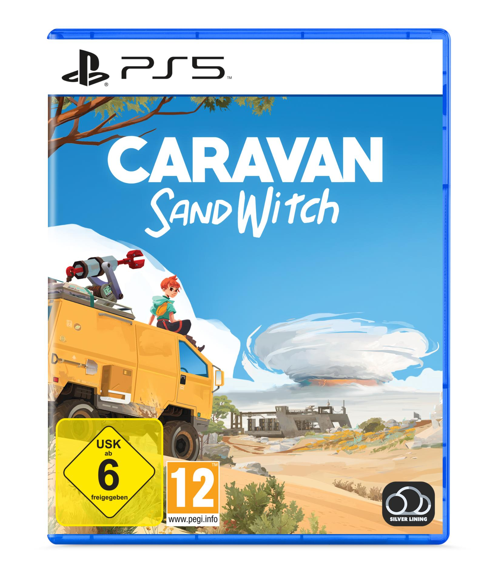 Caravan SandWitch PS5-Spielcover. Ein gelbes Fahrzeug auf Sand mit zwei Charakteren.