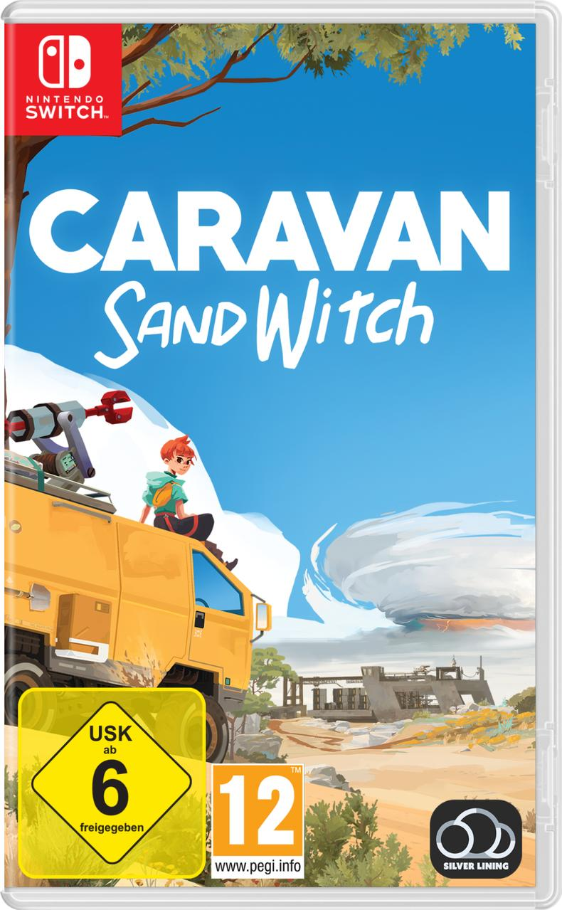 Nintendo Switch-Spielbox: Caravan SandWitch. Cartoon-Grafik auf einem gelben Fahrzeug in einer Wüstenumgebung.