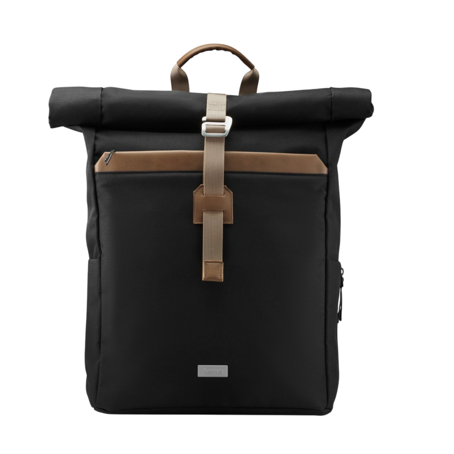 Sac à dos noir avec fermeture à enroulement. Accents en cuir marron sur le dessus et la sangle.