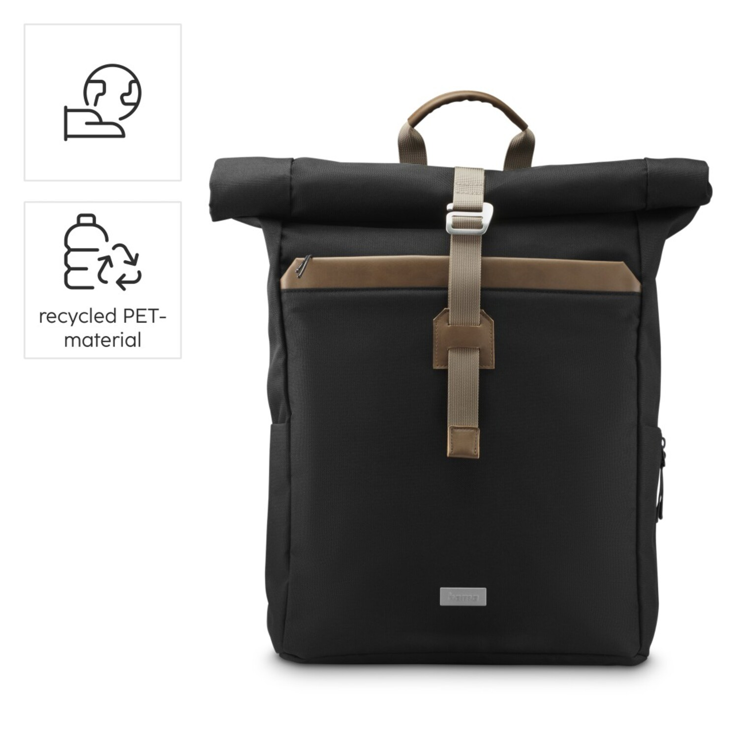 Sac à dos noir avec des accents marrons. Possède un rabat, une sangle et un fond blanc.