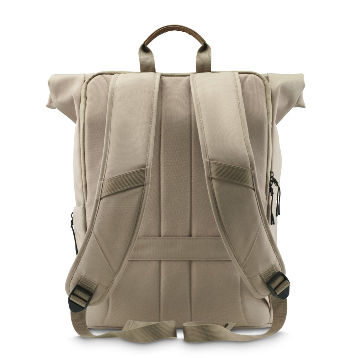 De achterkant van een beige rugzak met schouderbanden.