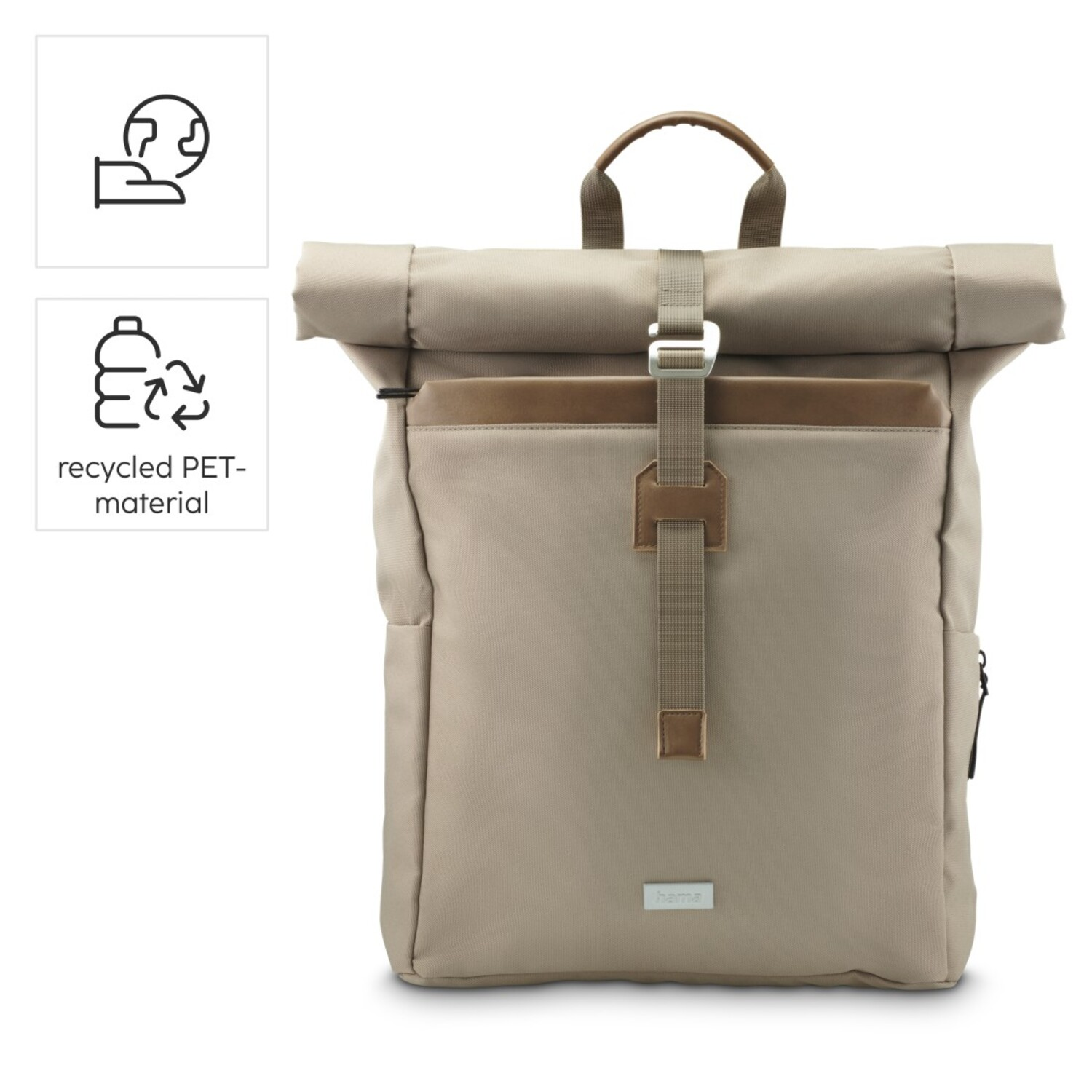 Een beige rugzak met bruine accenten en een gespsluiting, met iconen links.
