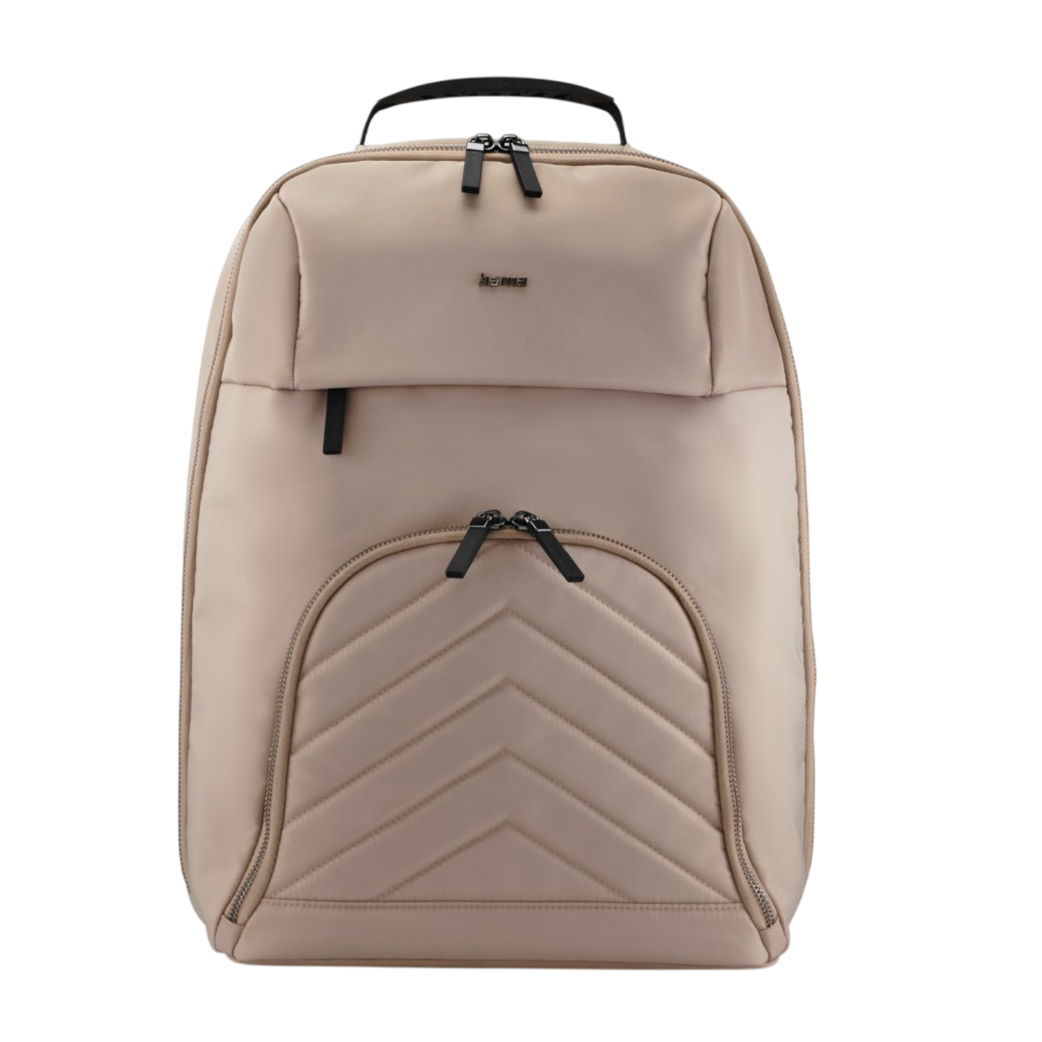 Sac à dos beige avec deux poches zippées, design incurvé sur le devant, et deux fermetures éclair noires.