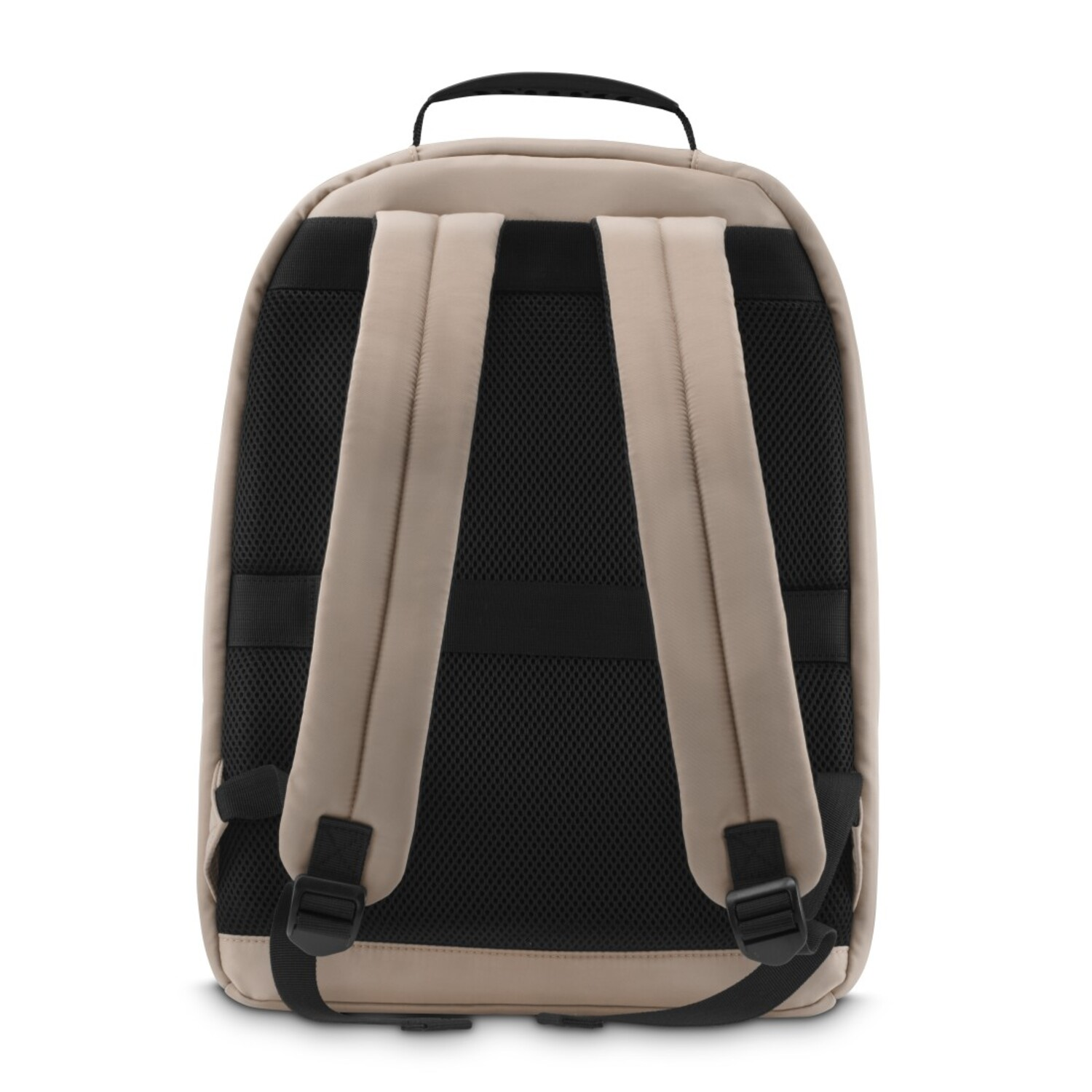 Vue arrière d'un sac à dos beige avec du mesh et des bretelles noirs.
