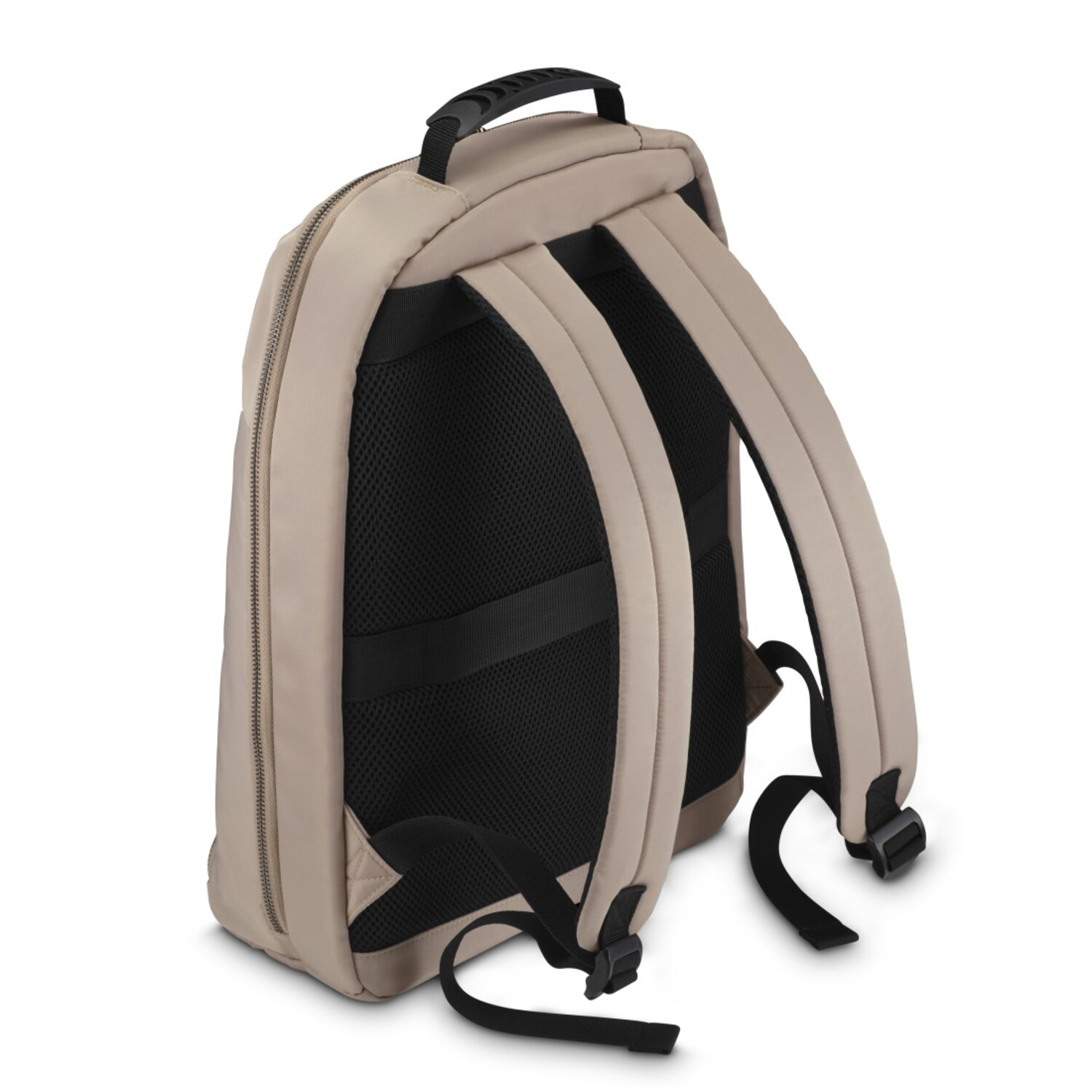 Sac à dos, couleur beige, dos en mesh noir, sangles noires et une poignée noire. Fond blanc.