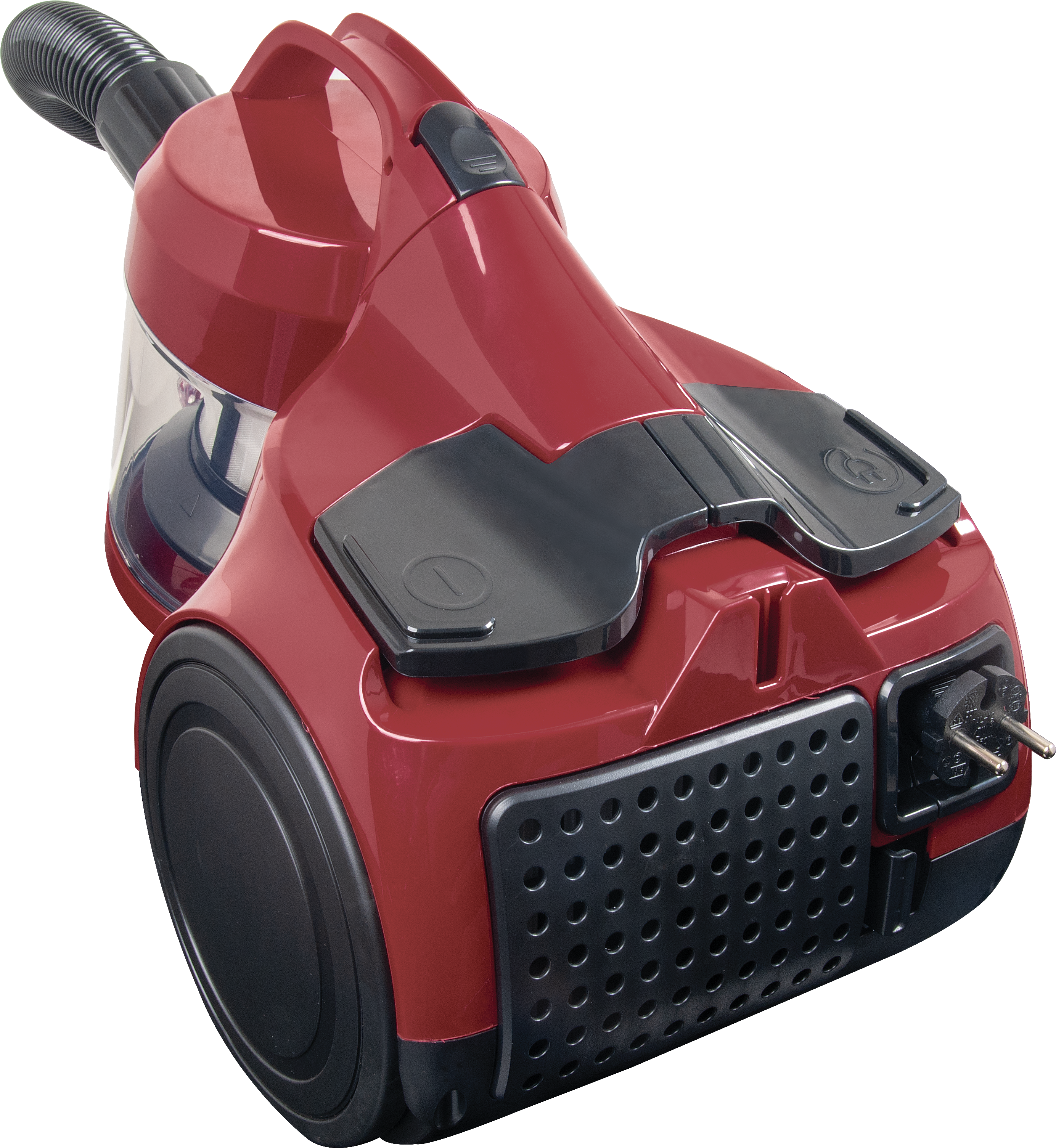 Un aspirateur rouge et noir avec un tuyau. L'aspirateur a une poignée, des roues et une prise.